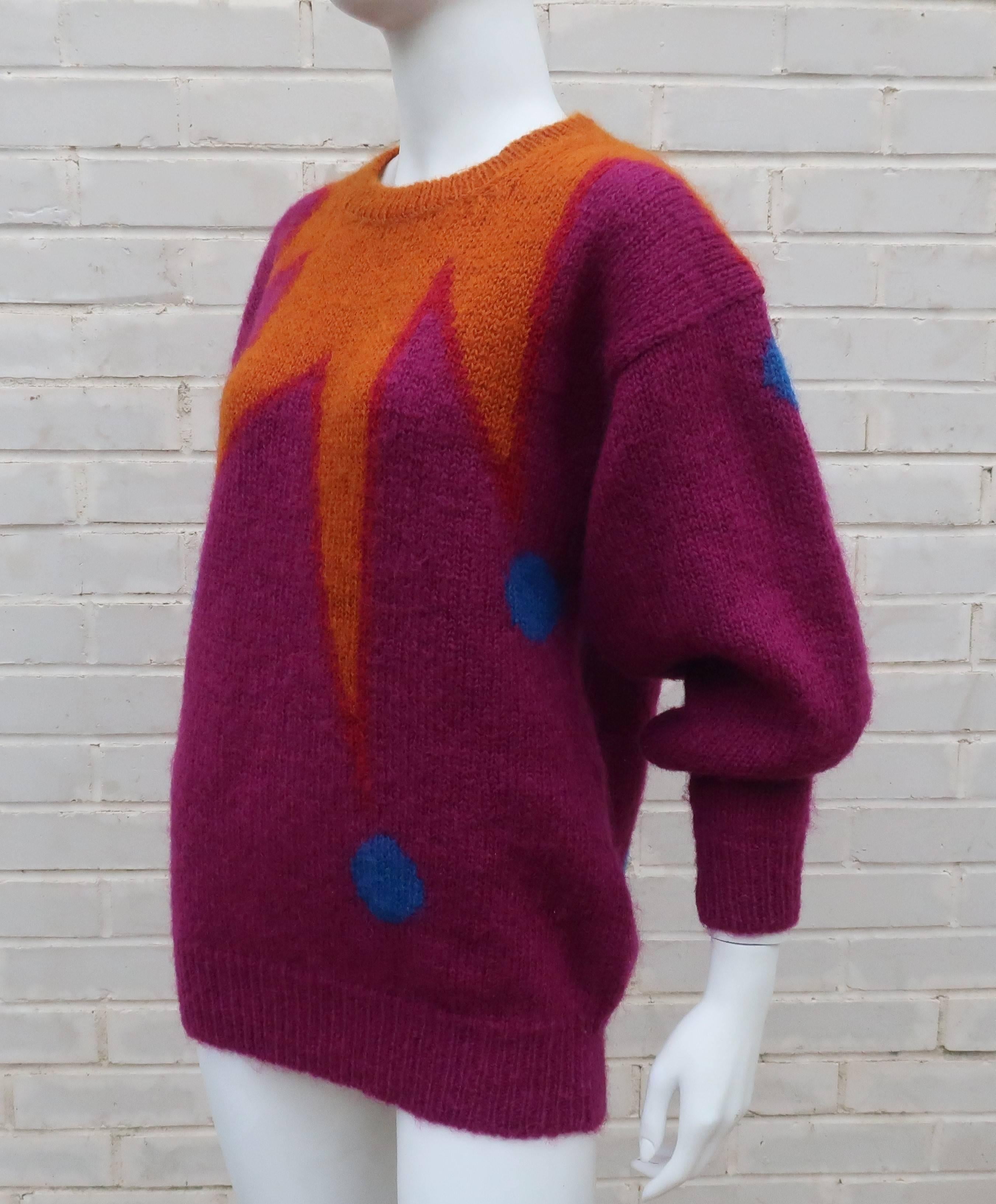 1980's Colorful Chunky Mohair Sweater With Whimsical Graphics 1