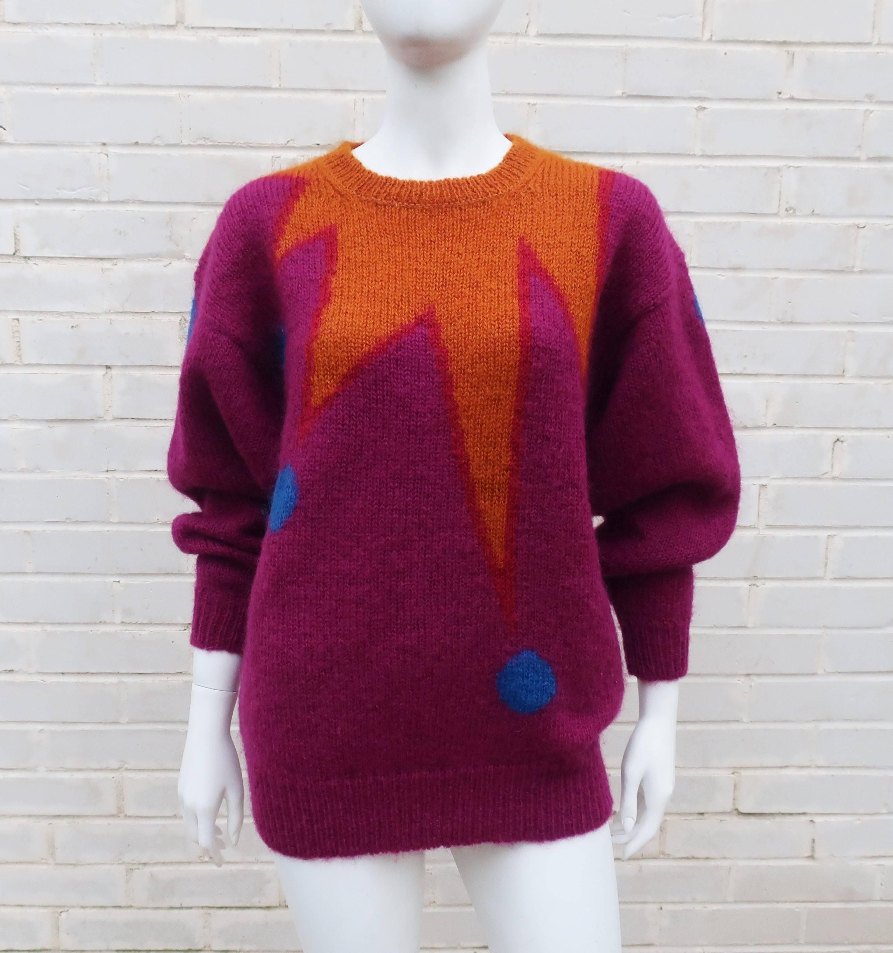 BAM!!!  We're going to call this chunky monkey 1980's design the shazam sweater!  The cozy boyfriend style pullover is made from vibrant mohair in a dark mustard yellow and a deep magenta with plum overtones.  The colors are contrasted with a dark