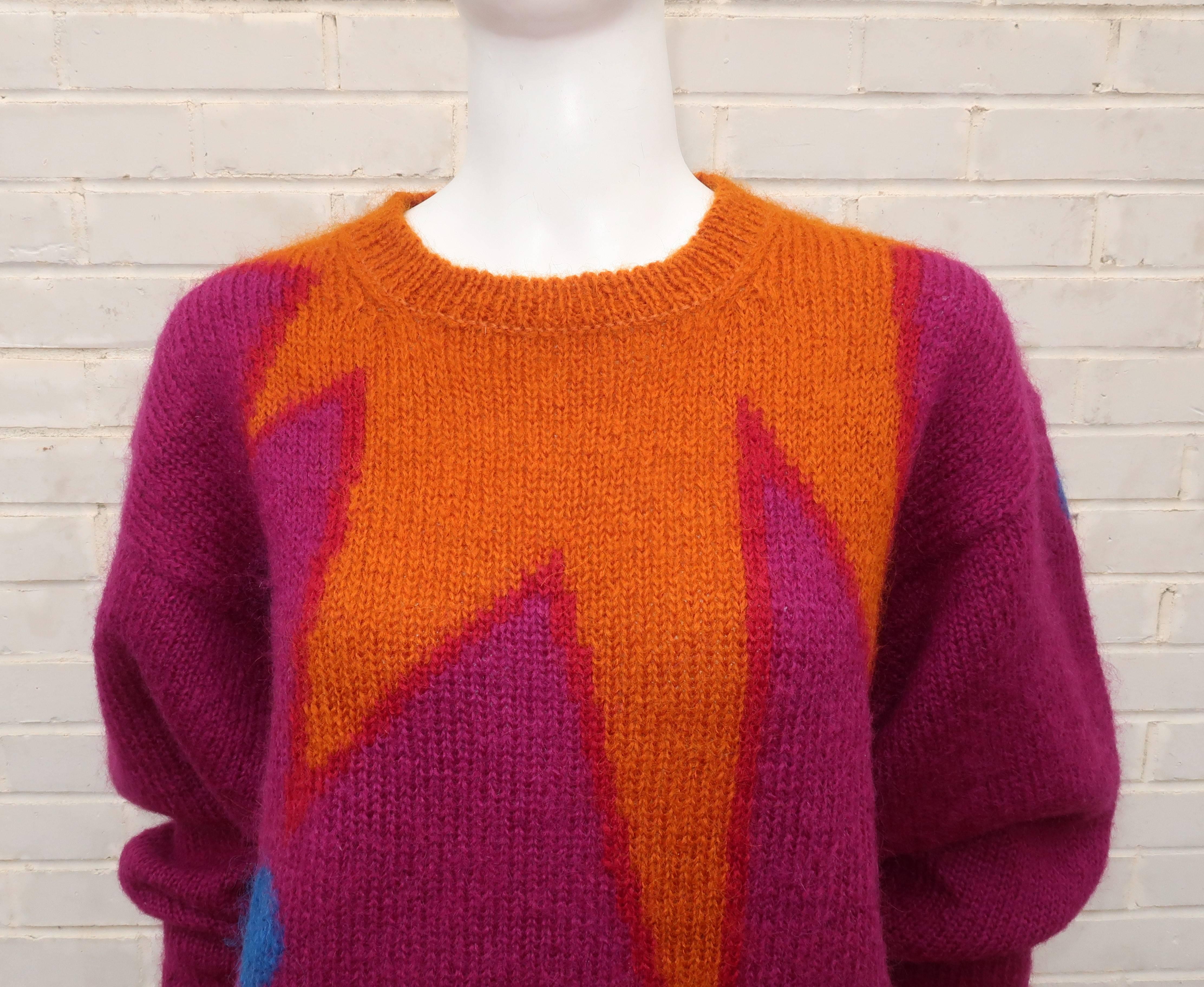 Red 1980's Colorful Chunky Mohair Sweater With Whimsical Graphics