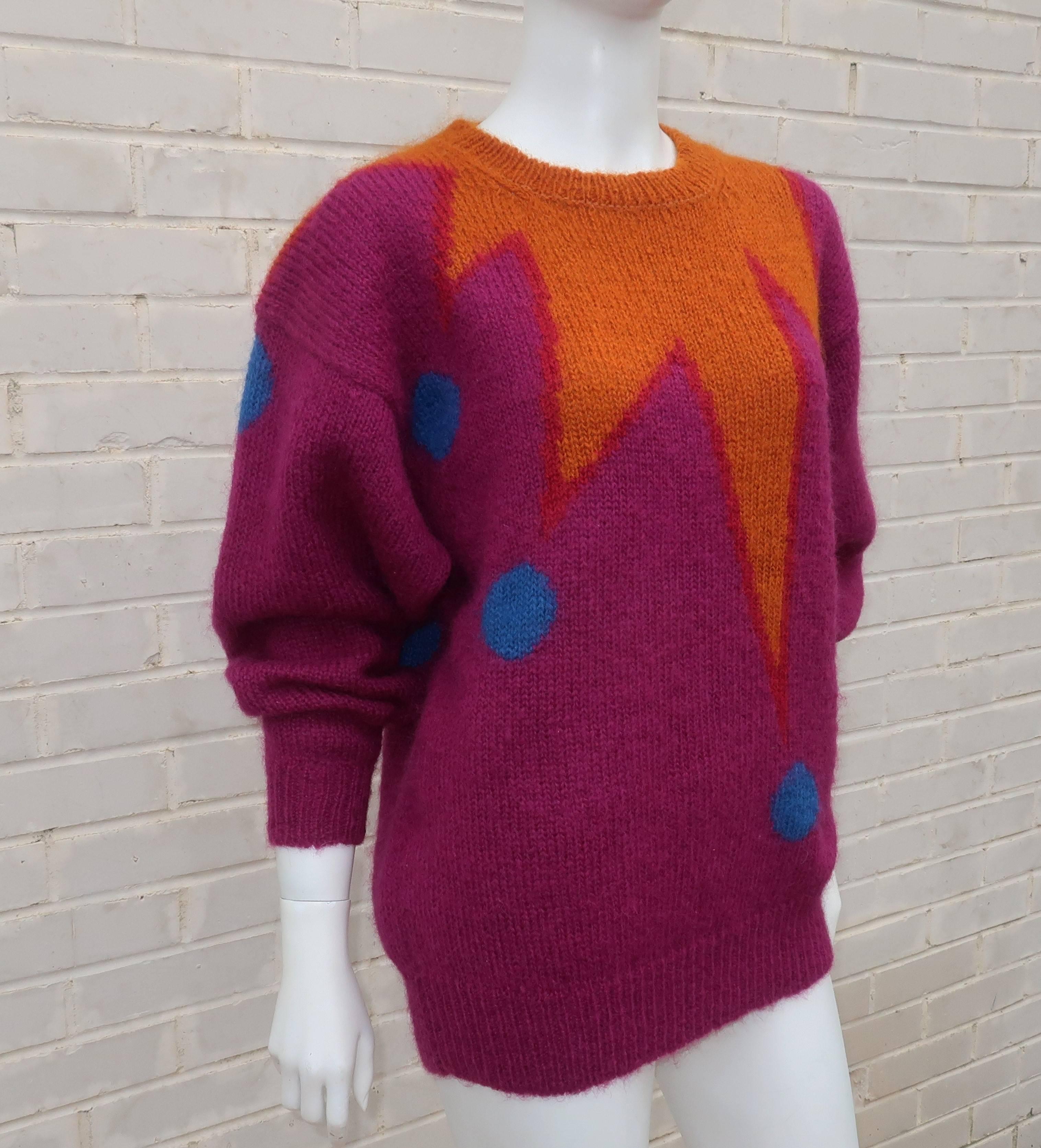 Women's 1980's Colorful Chunky Mohair Sweater With Whimsical Graphics