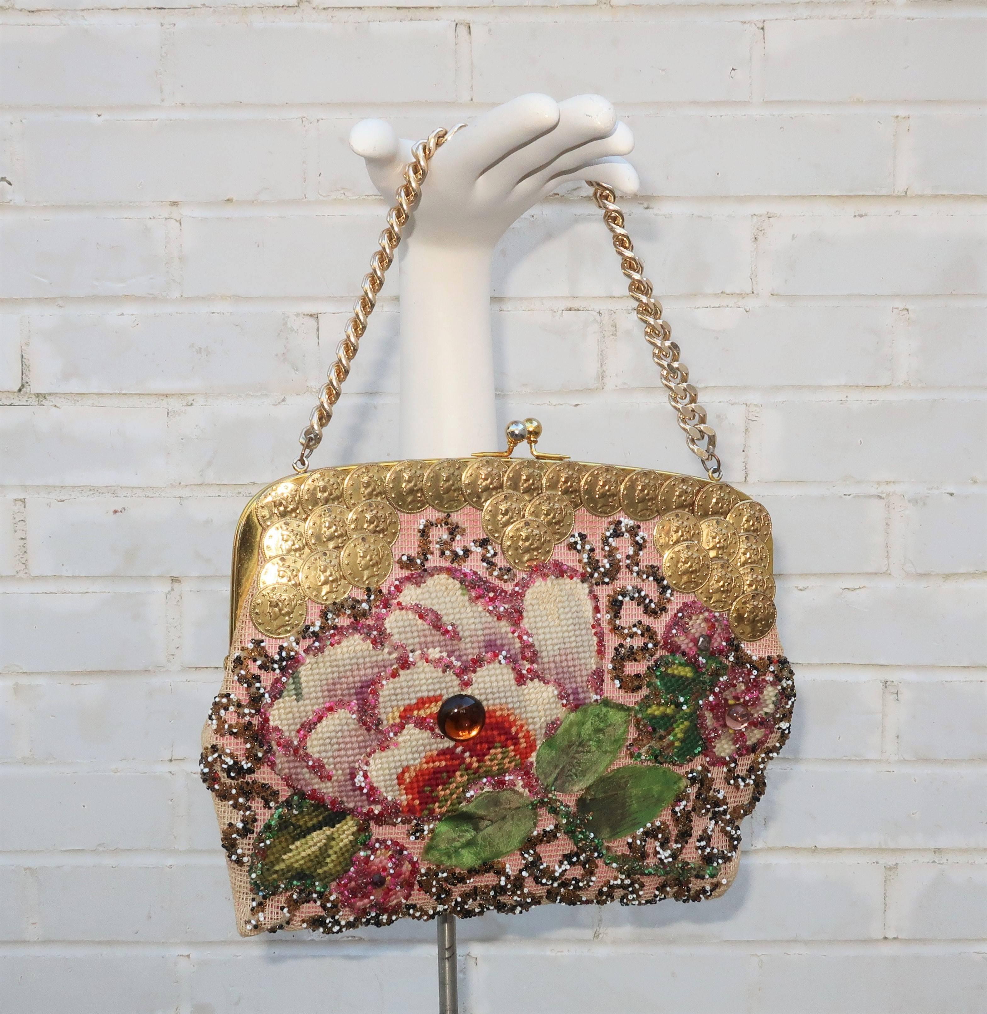 Prepare to be charmed by this 'crazy quilt' of a handbag from Jolles Original of Austria!  Jolles has quite a storied history in the world of 20th century handbag design both due to the artistic mastery of their handmade petit point creations in the