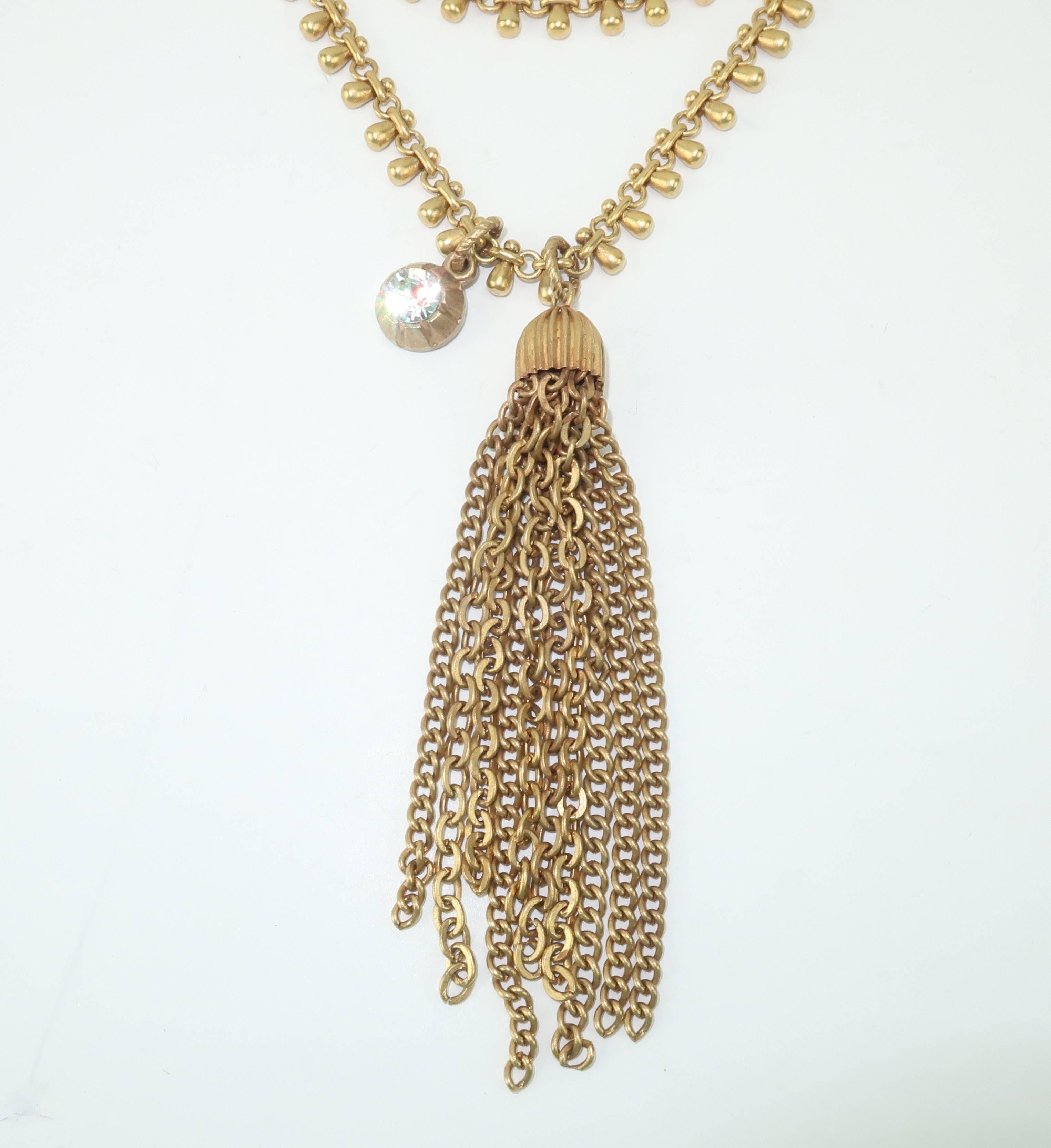 Modern Vintage Multi Strand Articulated Gold Chain Tassel Necklace