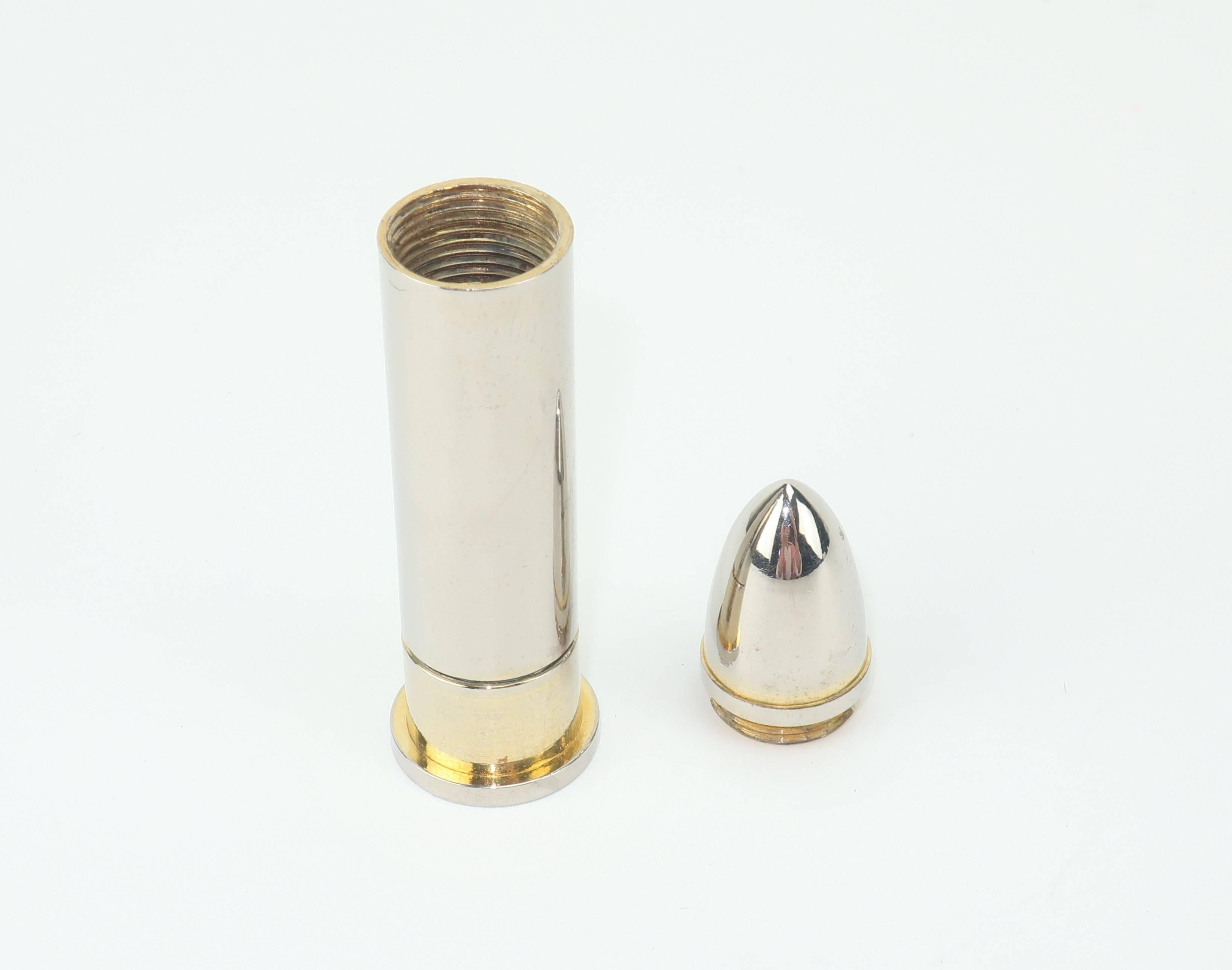 Beige Vintage Chrome & Brass Italian Bullet Pill Box