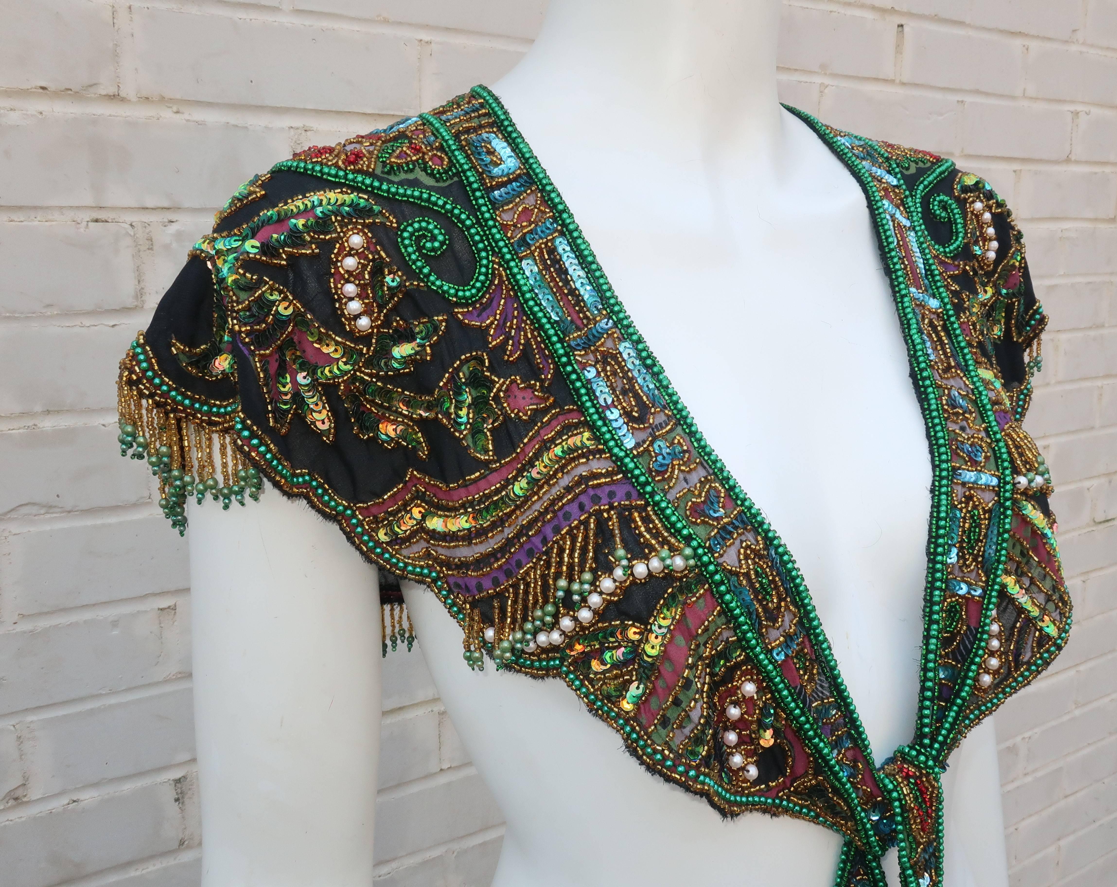 1970's Egyptian Revival Style Beaded & Fringed Bohemian Bib Collar In Excellent Condition In Atlanta, GA
