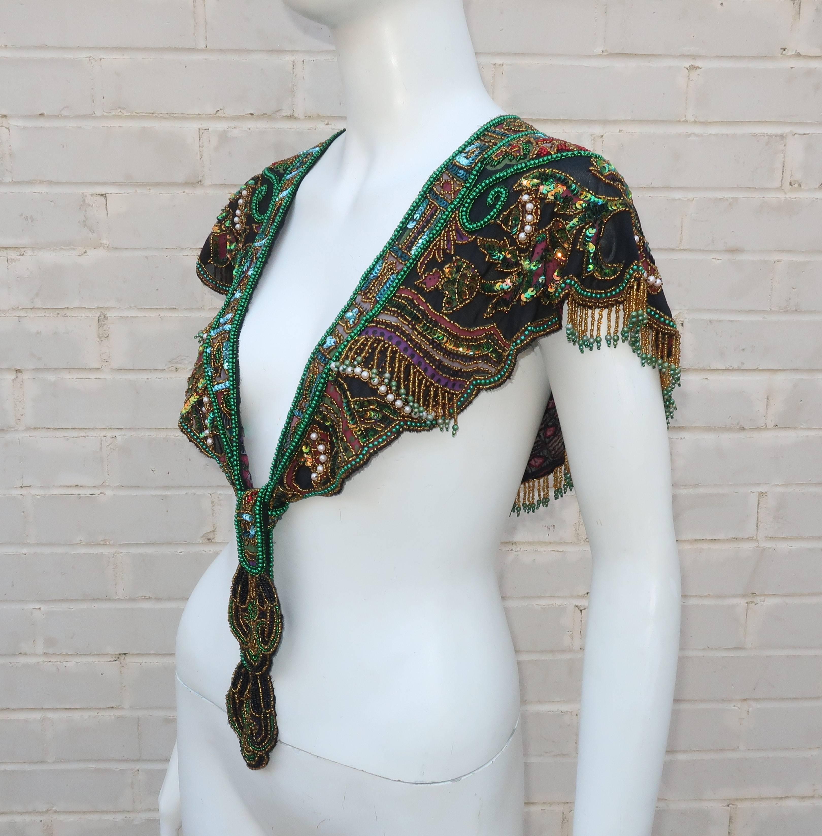 Women's 1970's Egyptian Revival Style Beaded & Fringed Bohemian Bib Collar