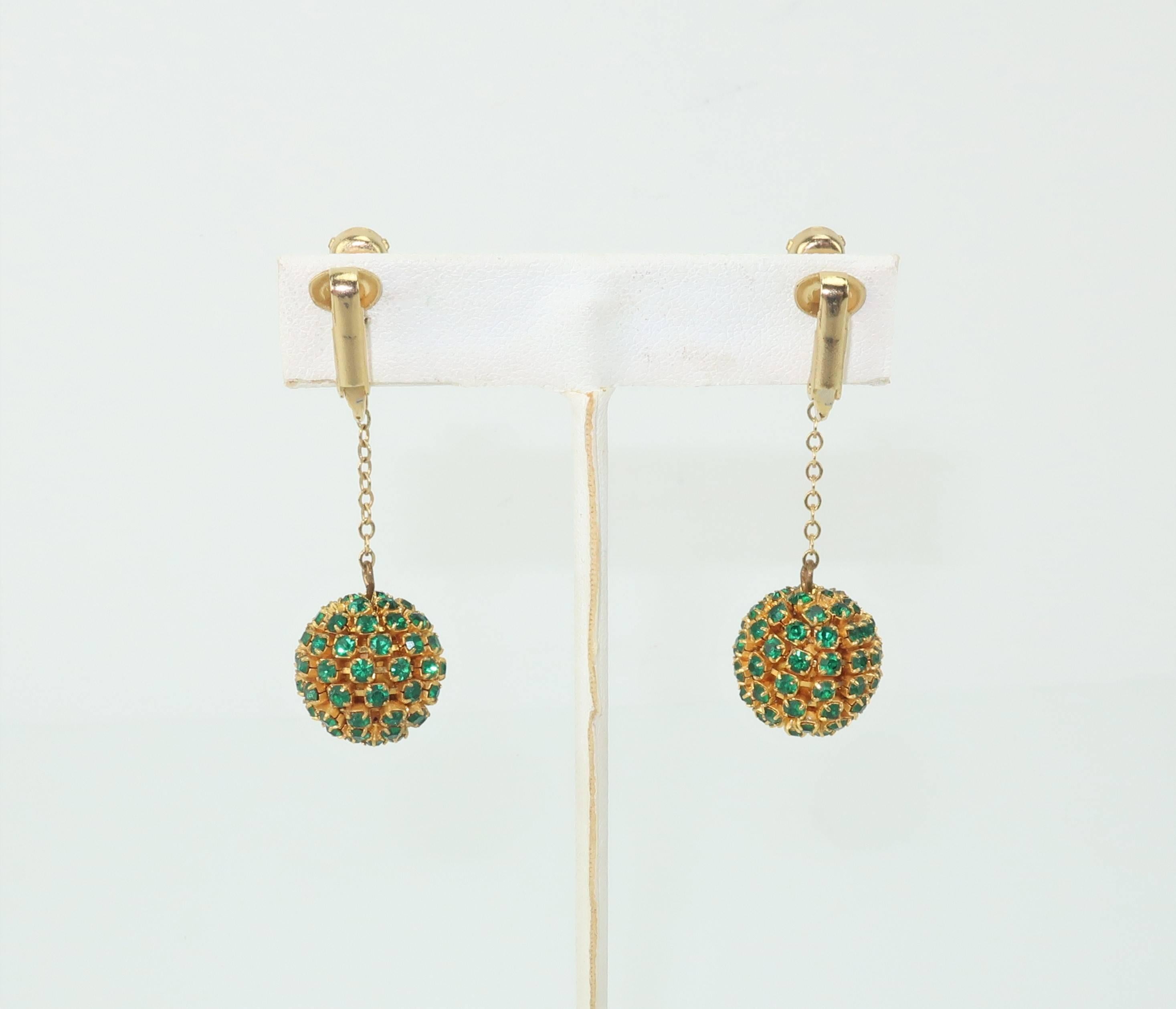 Emerald Green Rhinestone Dangle Earrings, 1960s  3