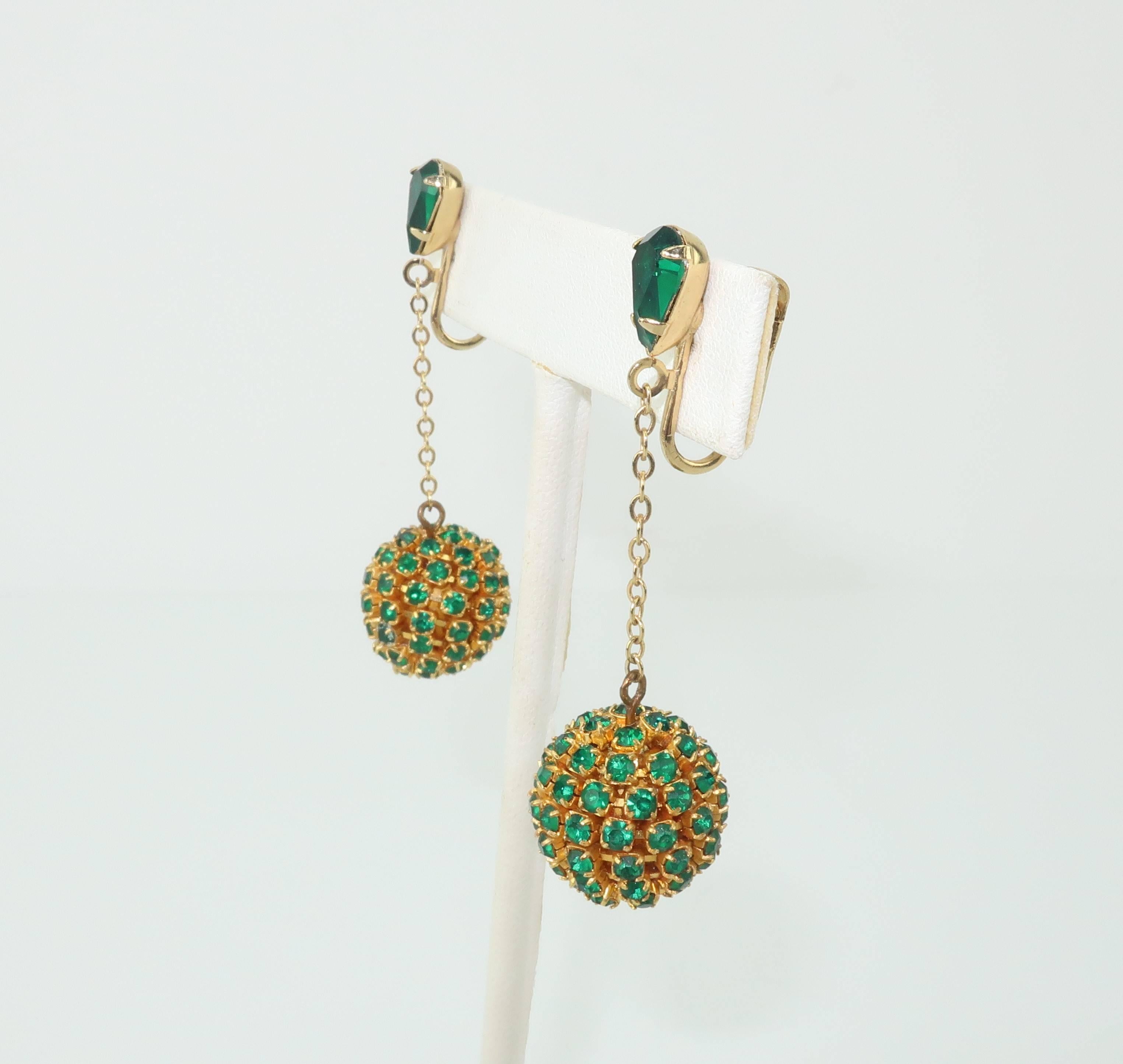 Emerald Green Rhinestone Dangle Earrings, 1960s  2