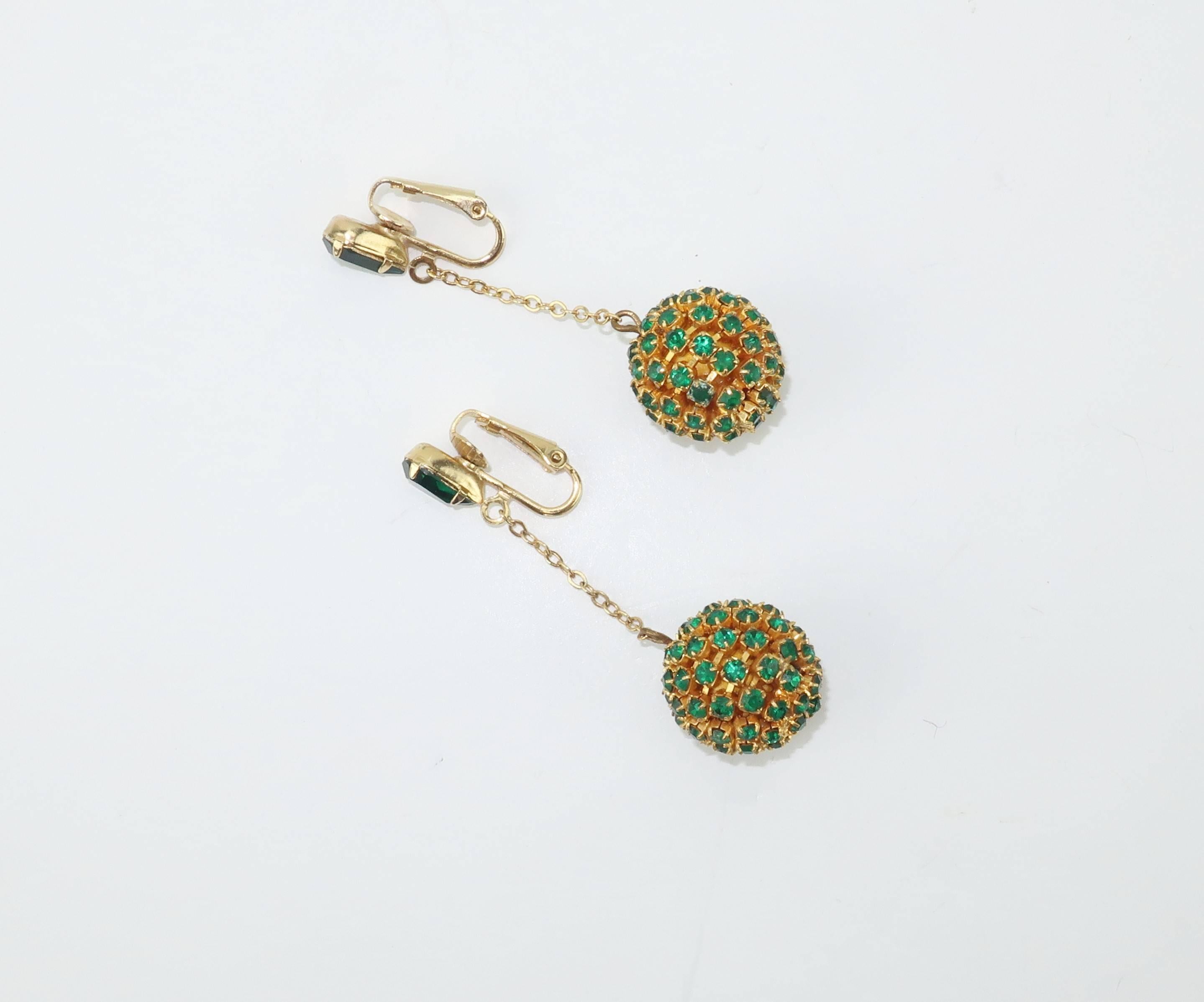 Emerald Green Rhinestone Dangle Earrings, 1960s  4