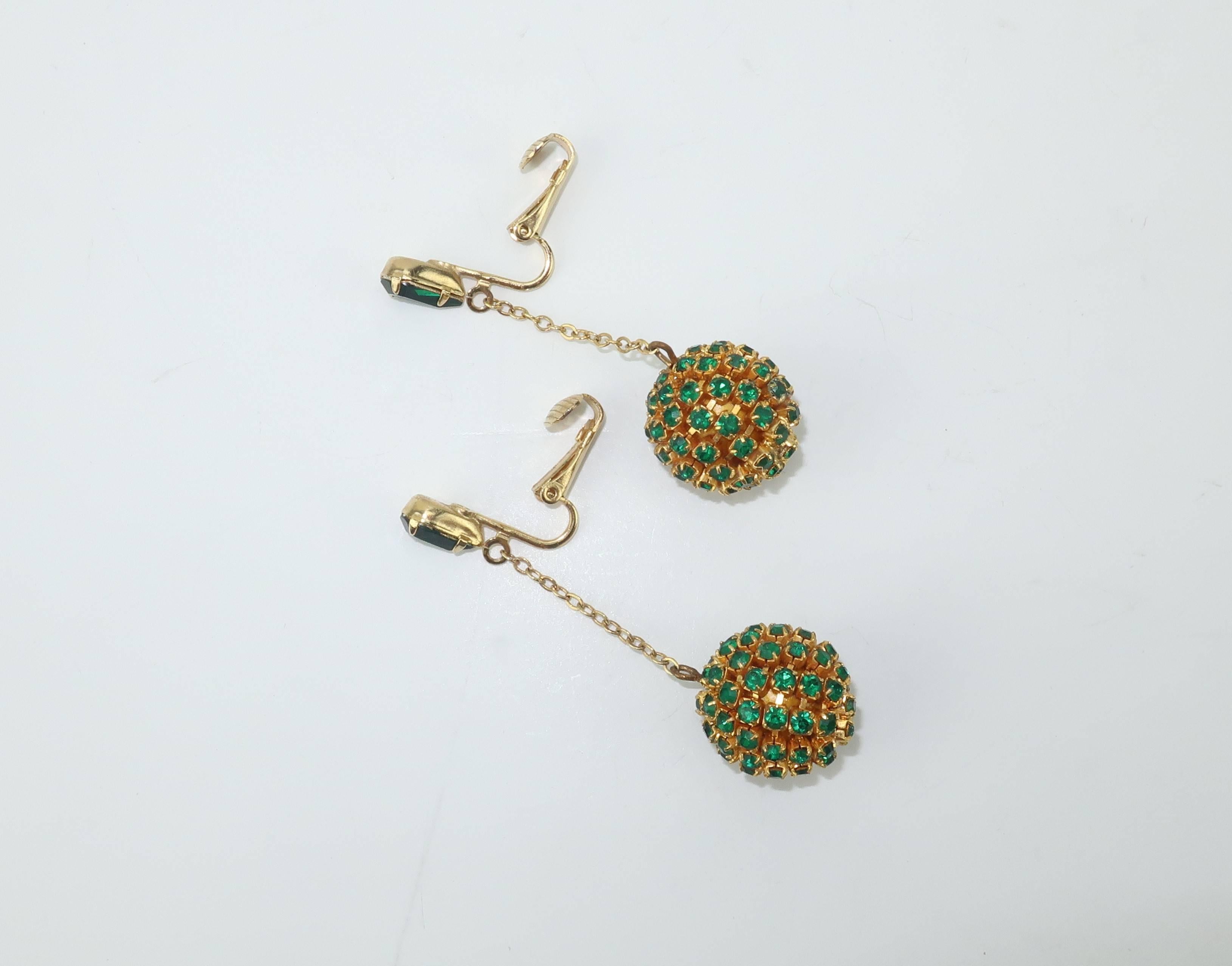 Emerald Green Rhinestone Dangle Earrings, 1960s  5