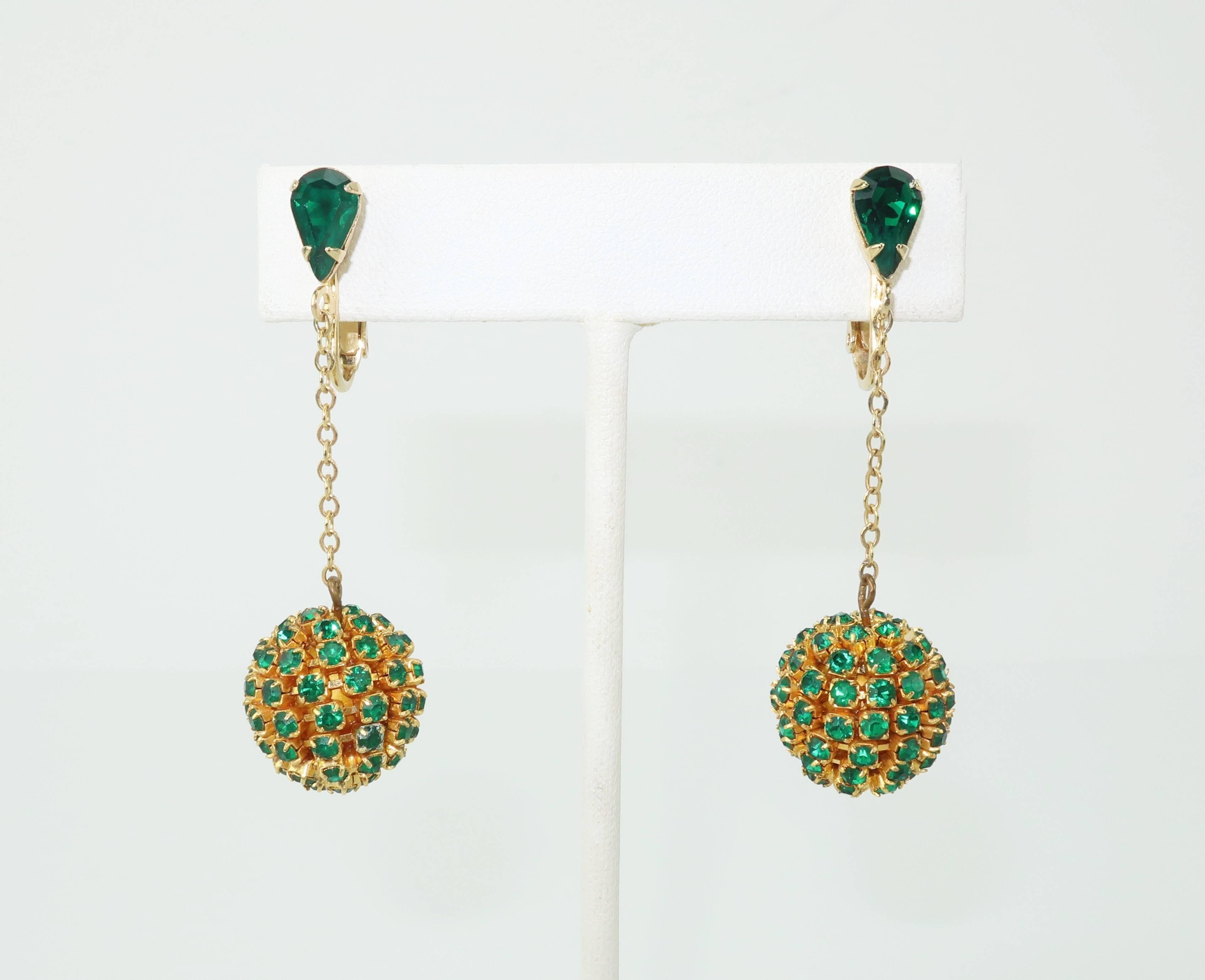 Modern Emerald Green Rhinestone Dangle Earrings, 1960s 