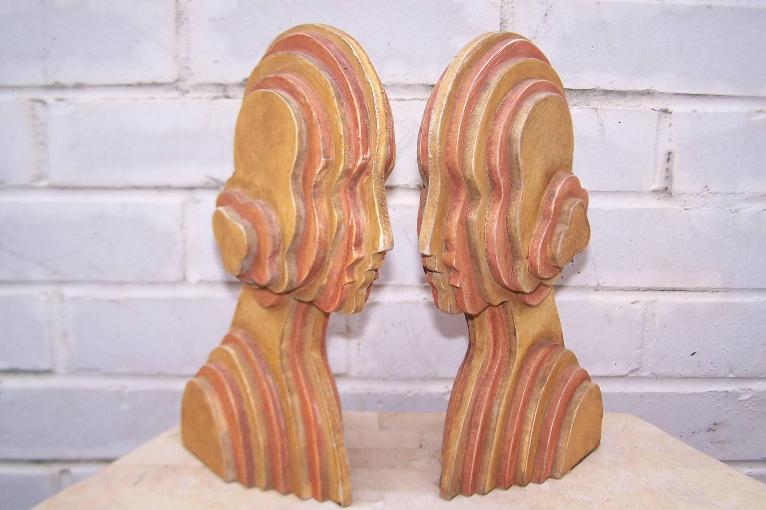 Brown Circa 1970 Art Deco Flapper Inspired Wooden Bookends