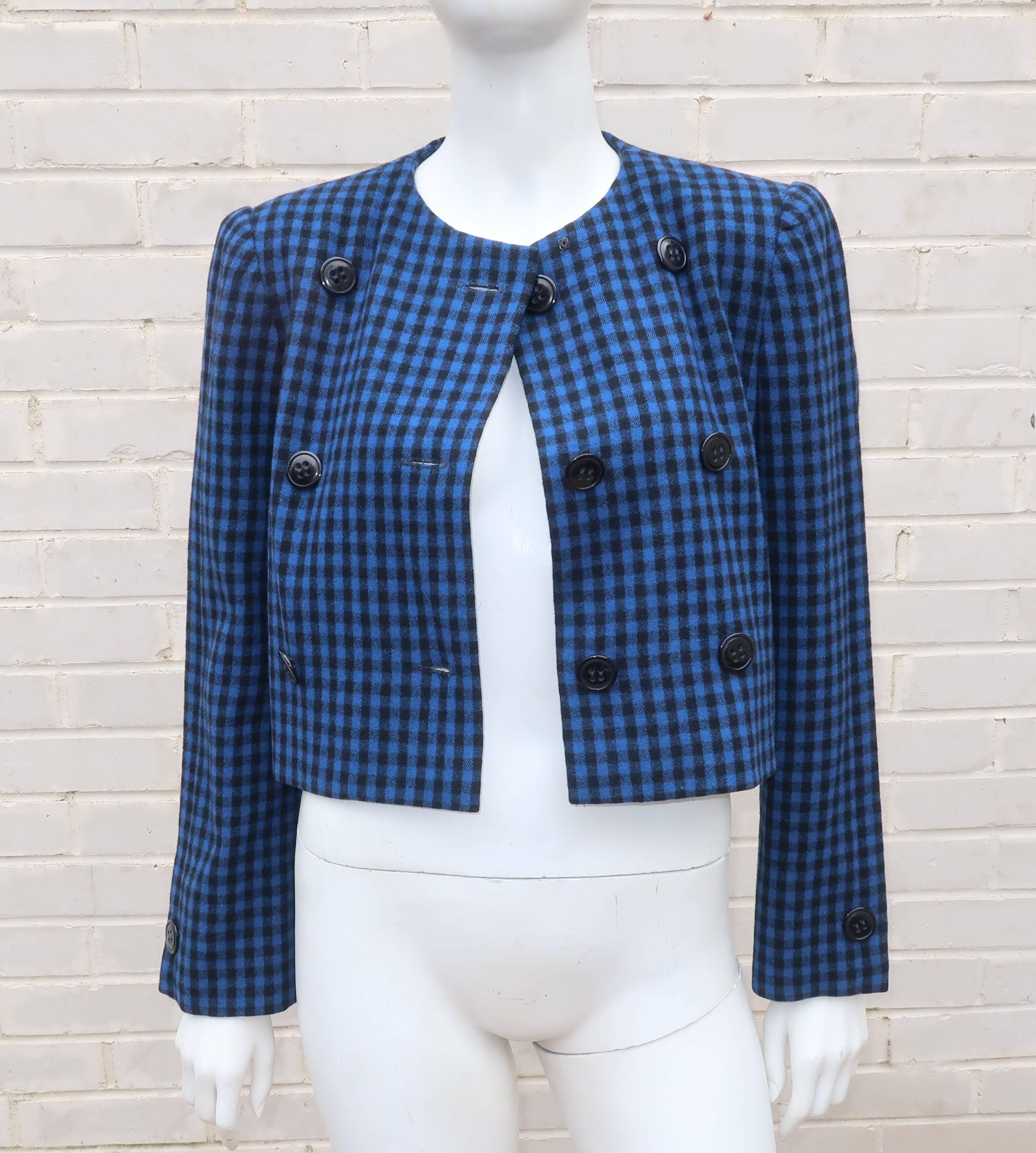 C.1970 Mollie Parnis Black & Blue Wool Gingham Suit 1