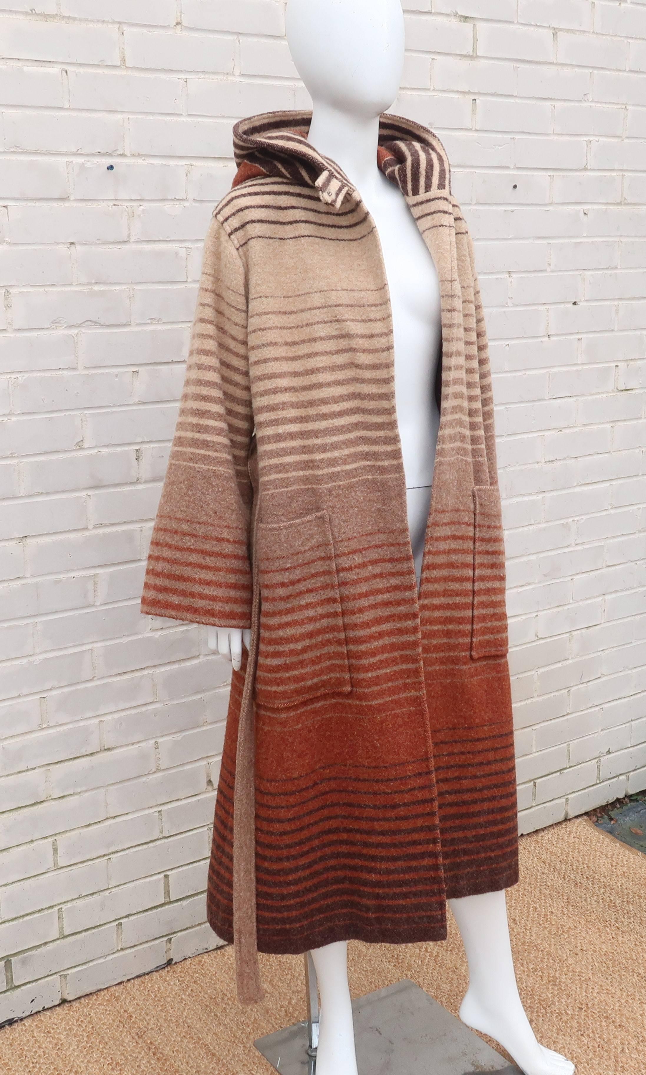 Luba Brown Wool Wrap Coat With Hood, 1970s In Fair Condition In Atlanta, GA
