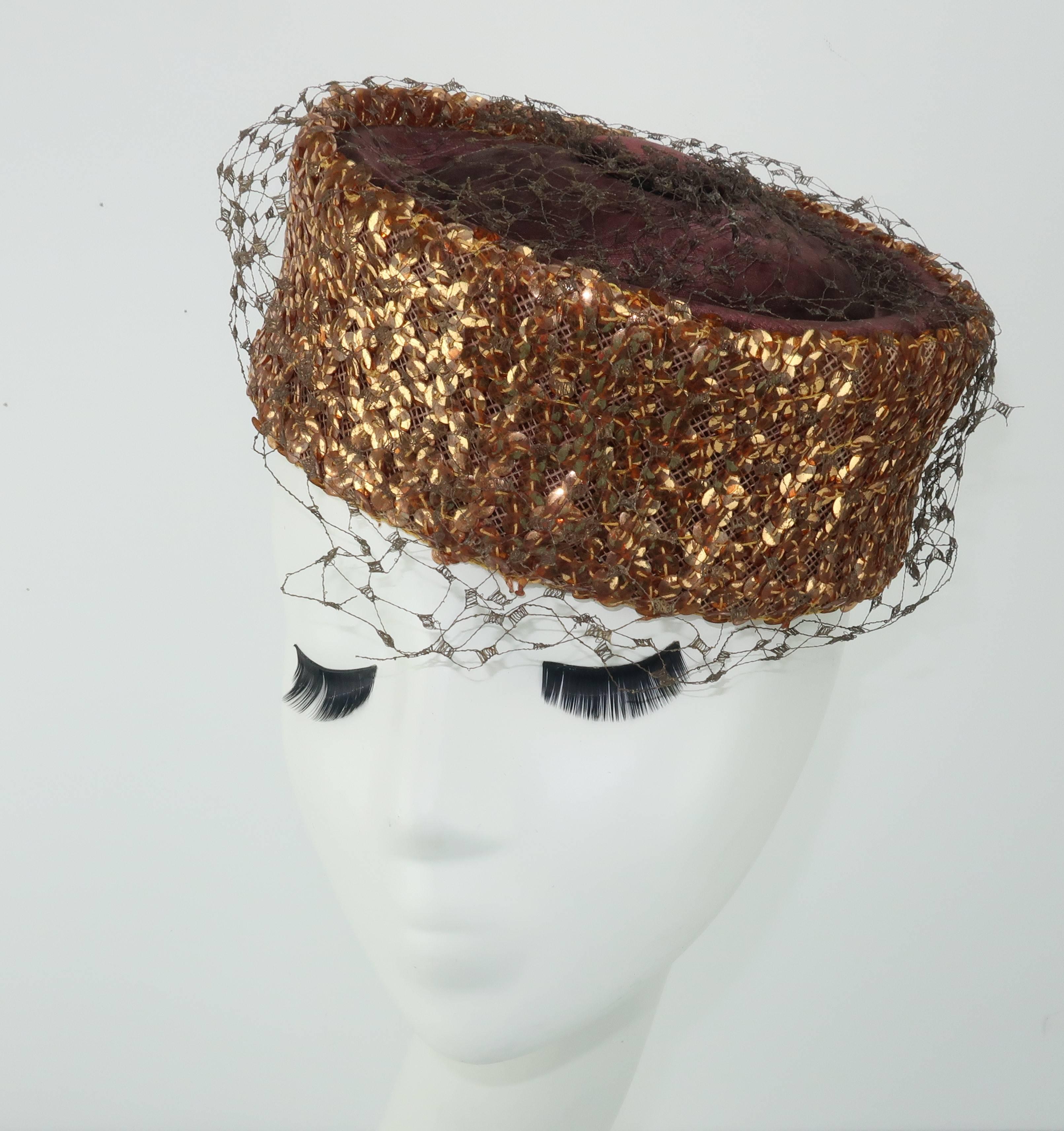 Copper Sequin Brown Satin Pillbox Hat, 1950s  3
