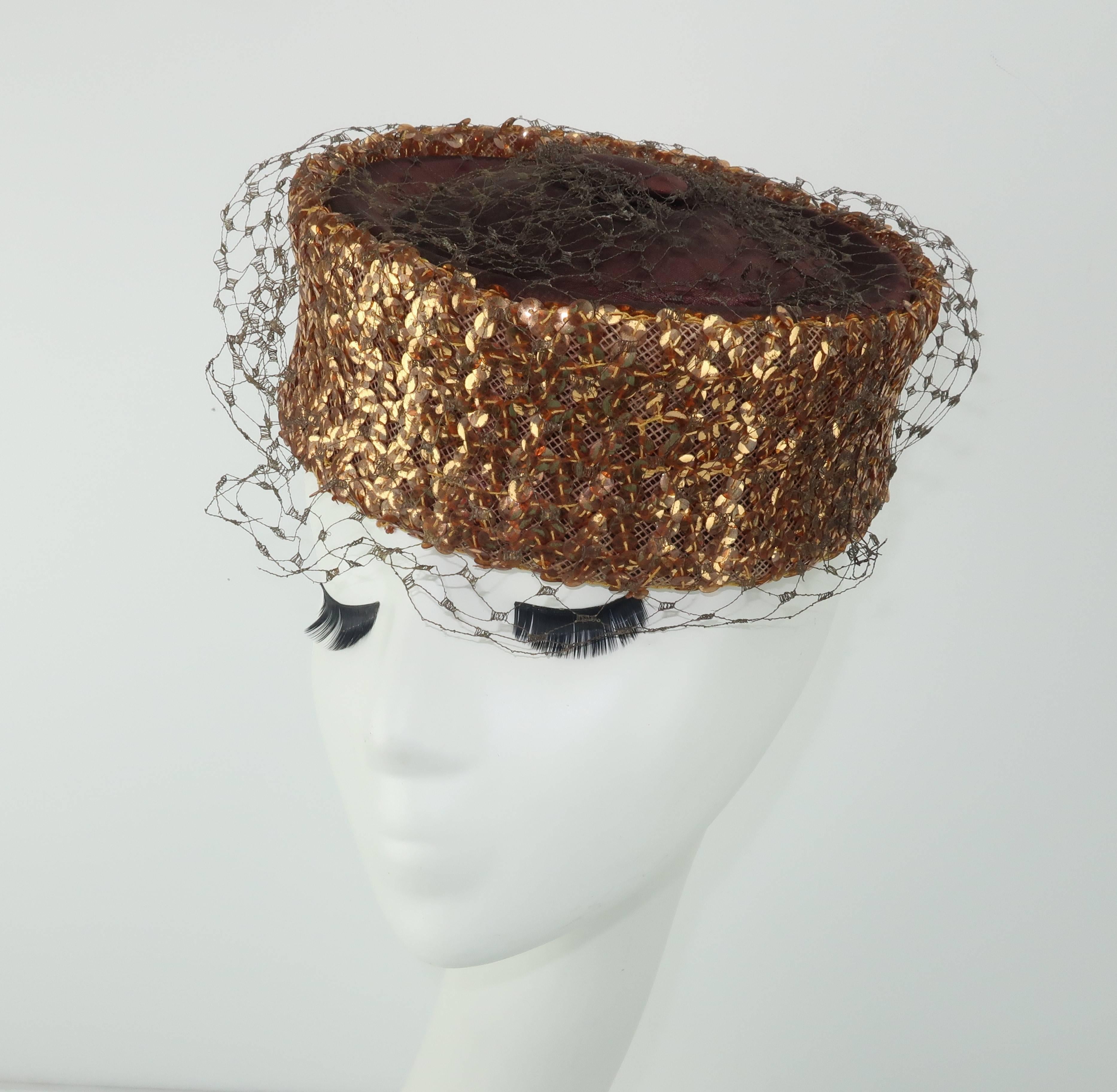 Women's Copper Sequin Brown Satin Pillbox Hat, 1950s 