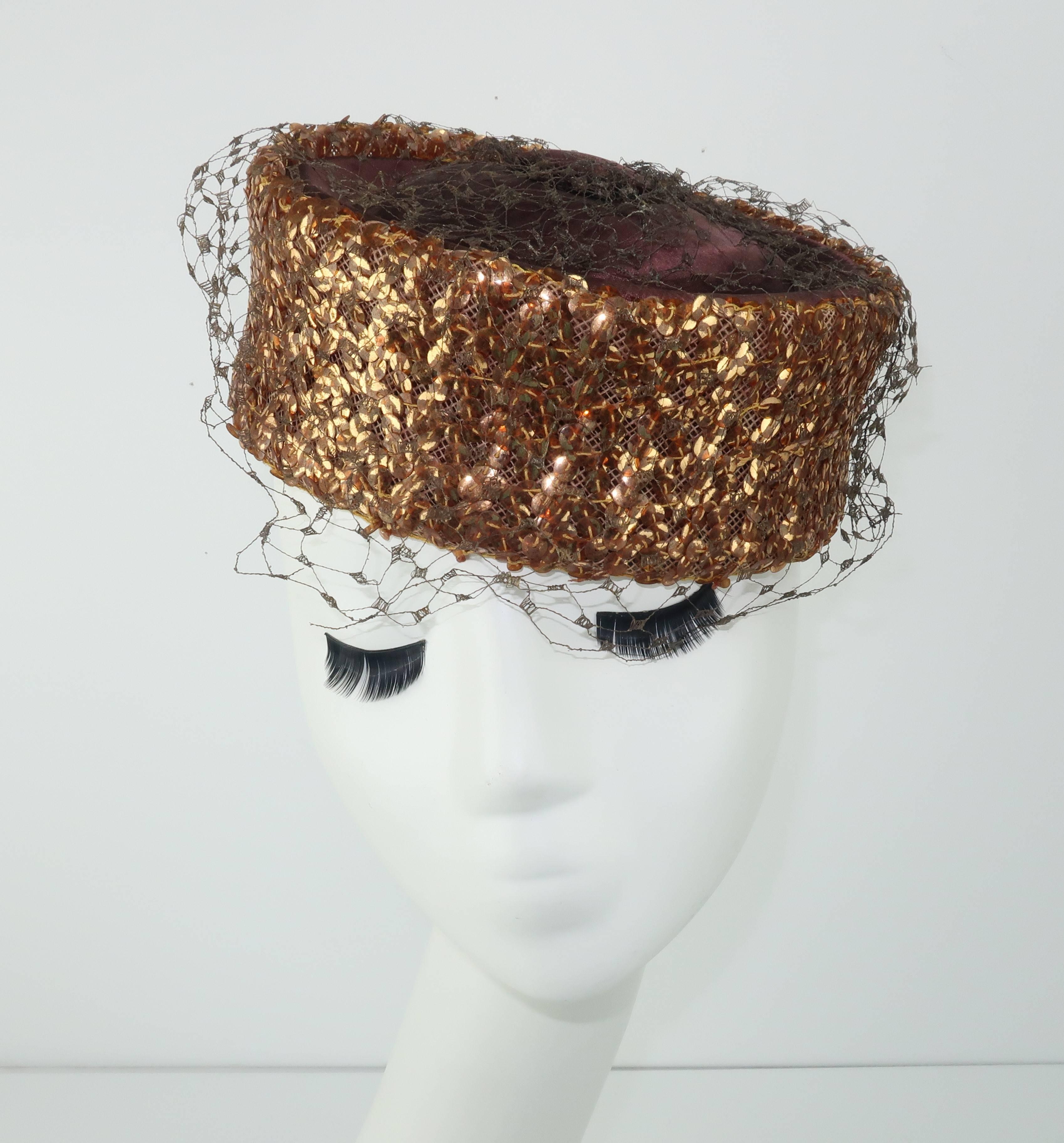 Copper Sequin Brown Satin Pillbox Hat, 1950s  In Good Condition In Atlanta, GA