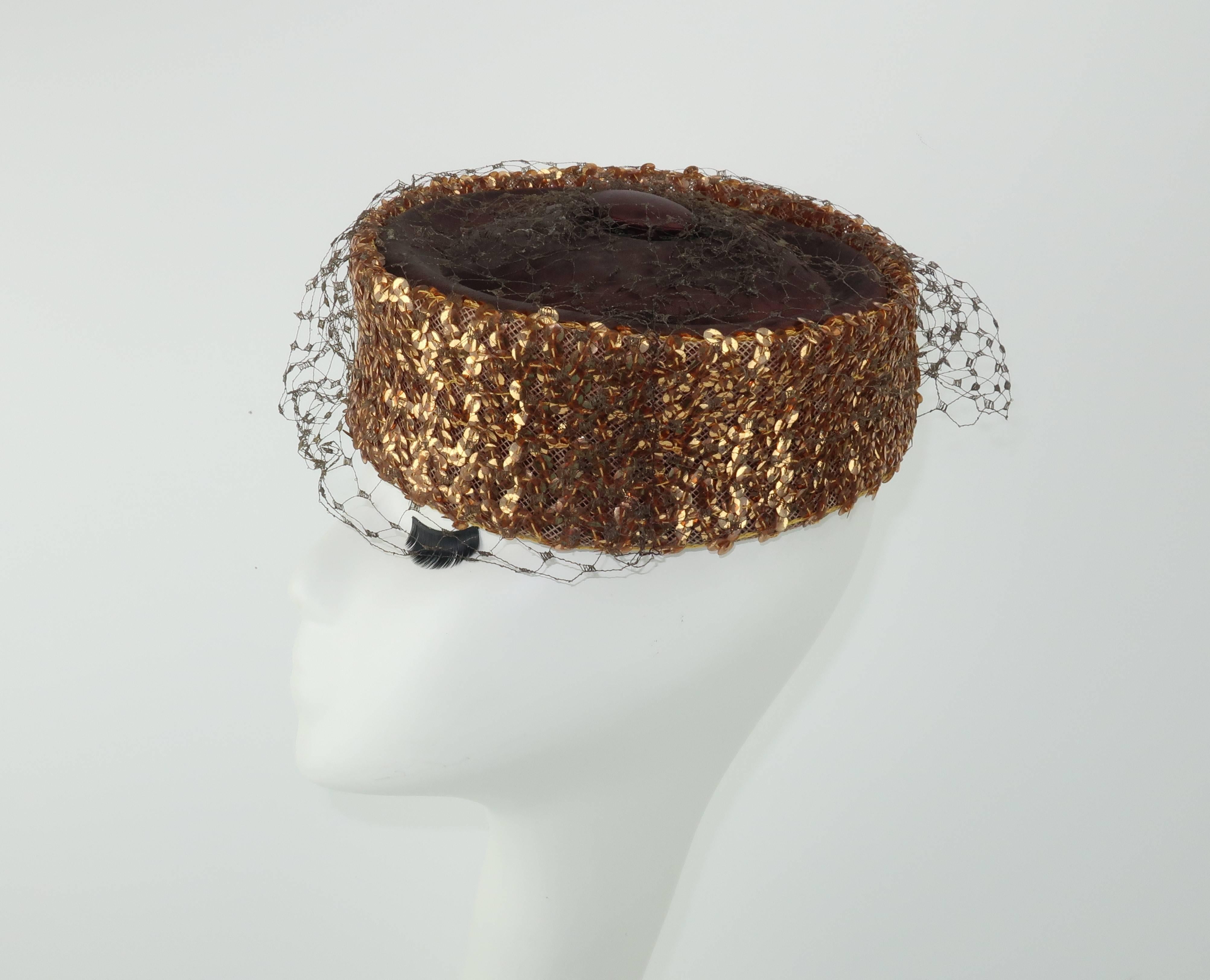 Copper Sequin Brown Satin Pillbox Hat, 1950s  1