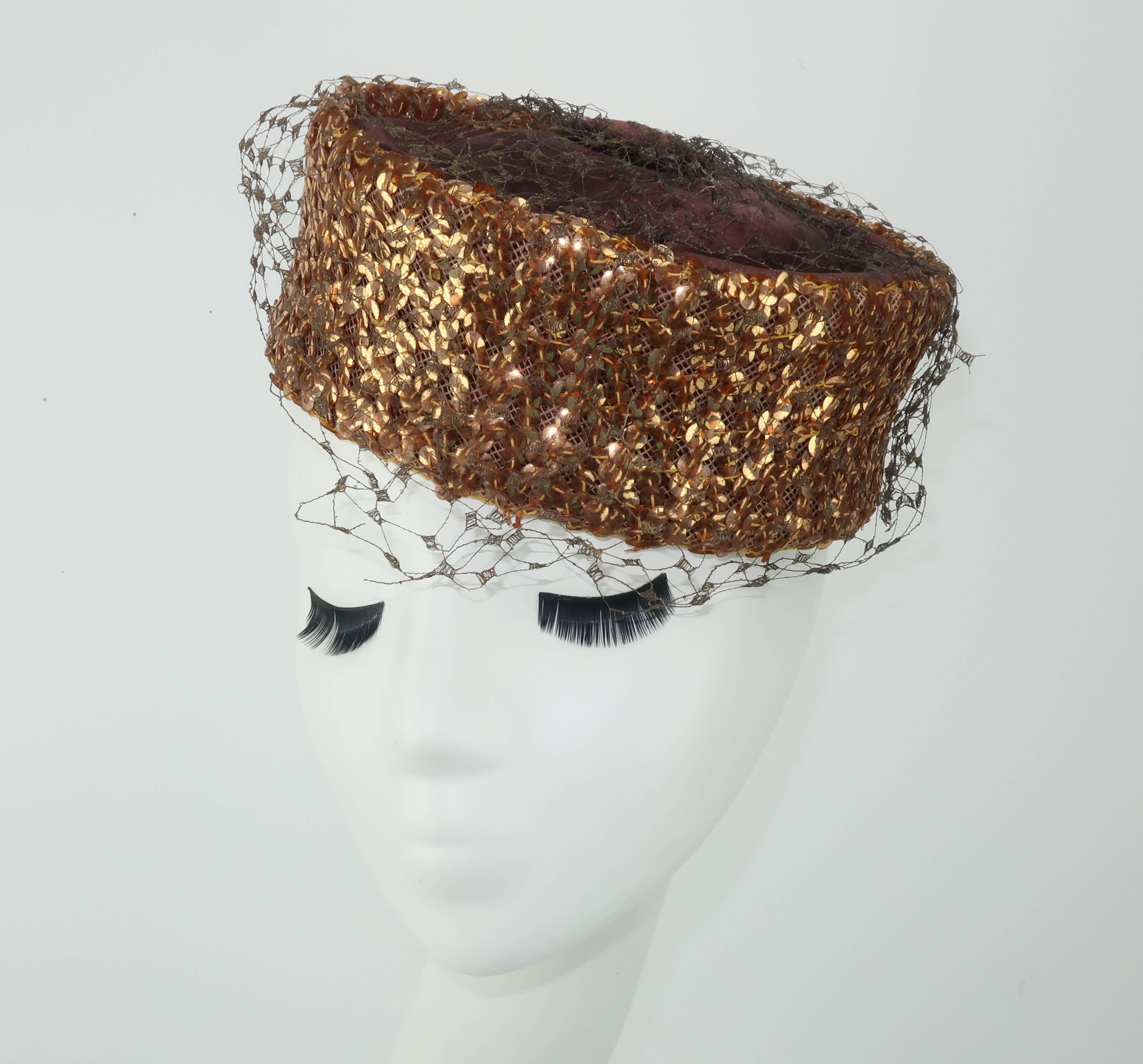 Copper Sequin Brown Satin Pillbox Hat, 1950s  2