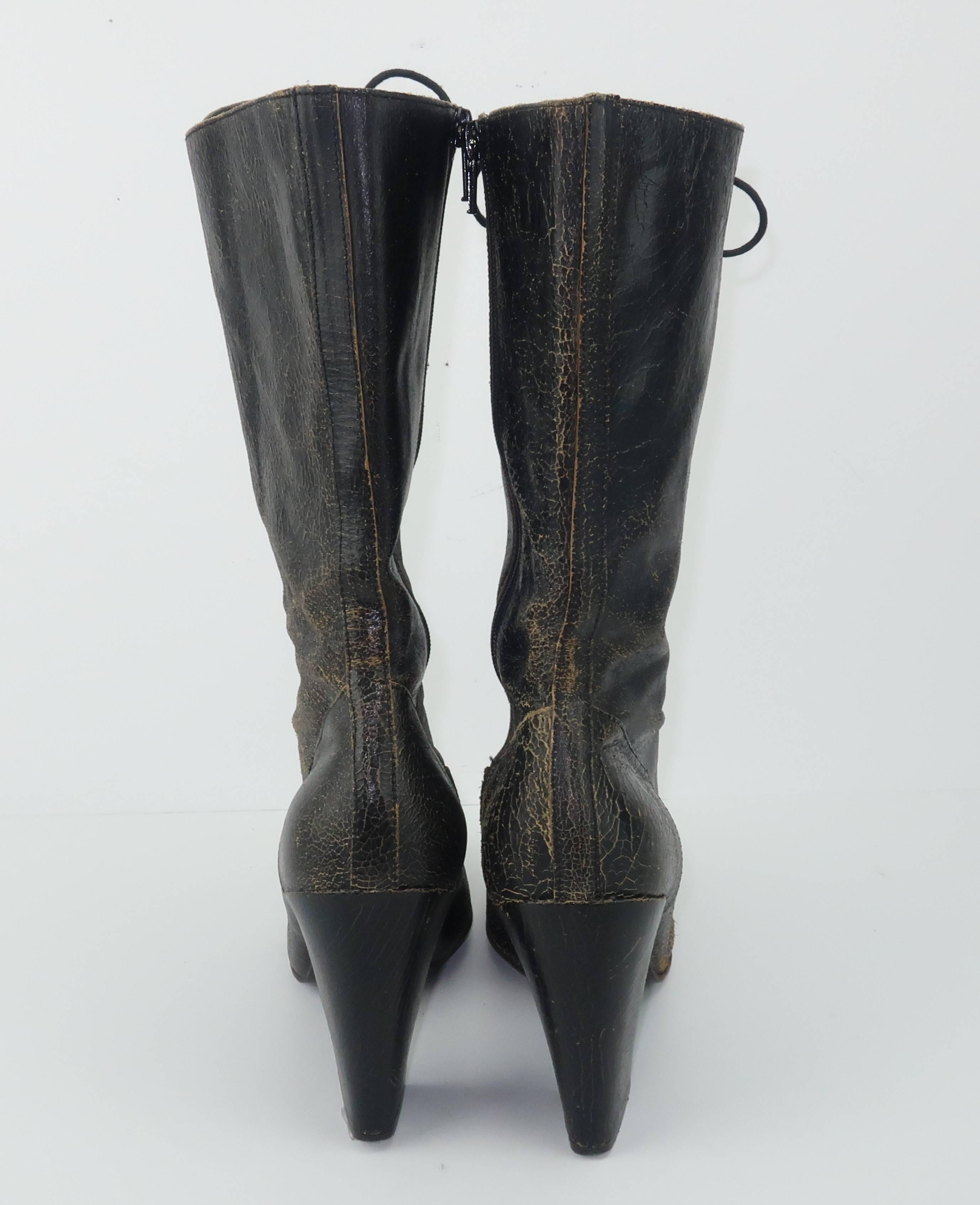 Black Miu Miu Distressed Brown Leather Lace Up Boots 