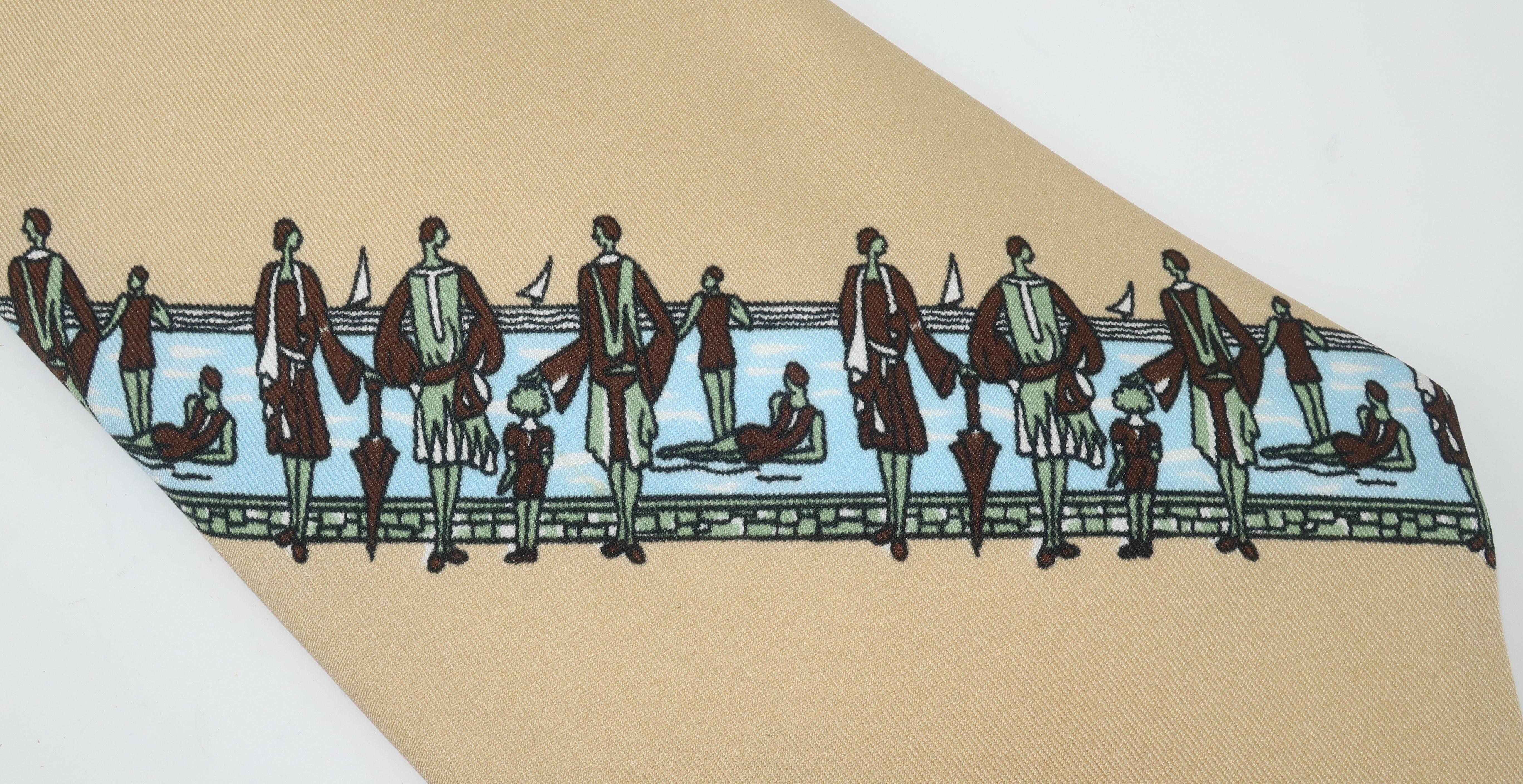 This C.1970 men's polyester necktie by Gianno proves that fashion can be fun ... as if there were ever a doubt!?  The extra wide necktie silhouette is the perfect foil for the whimsical art deco revival print depicting flapper style ladies and
