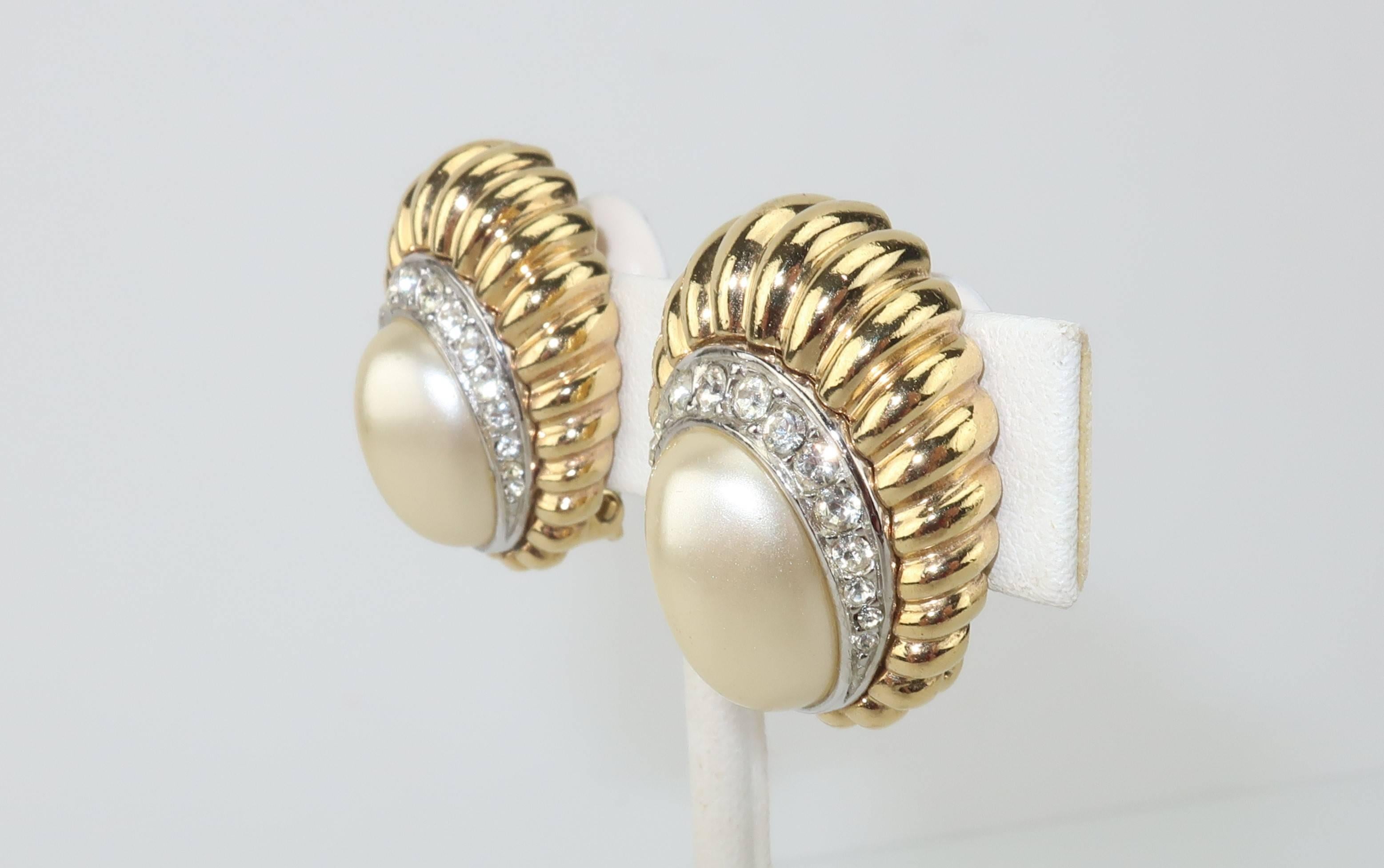 Baroque Revival 1980's Ciner Faux Pearl & Rhinestone Gold Tone Clip On Earrings