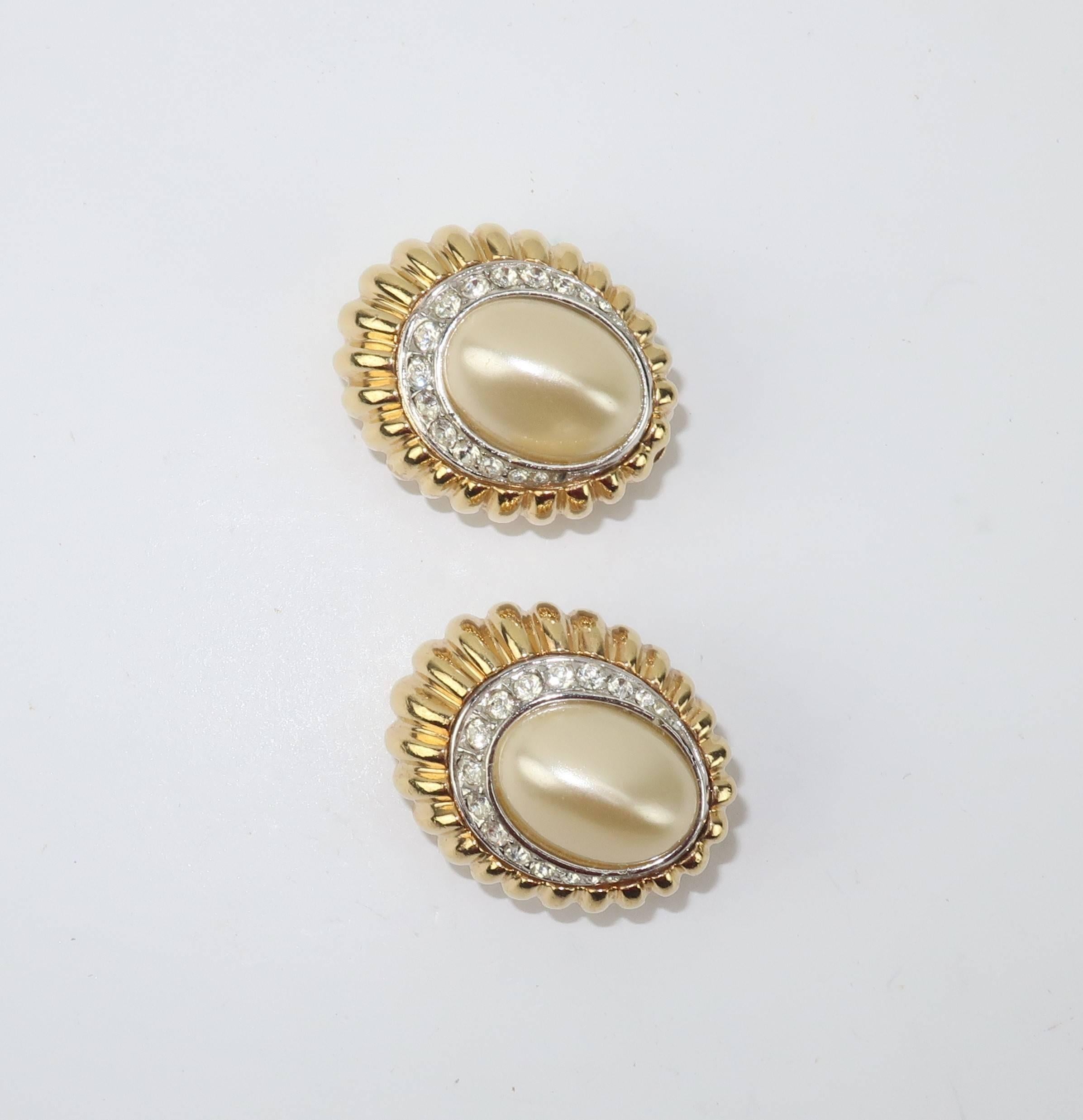 Women's 1980's Ciner Faux Pearl & Rhinestone Gold Tone Clip On Earrings