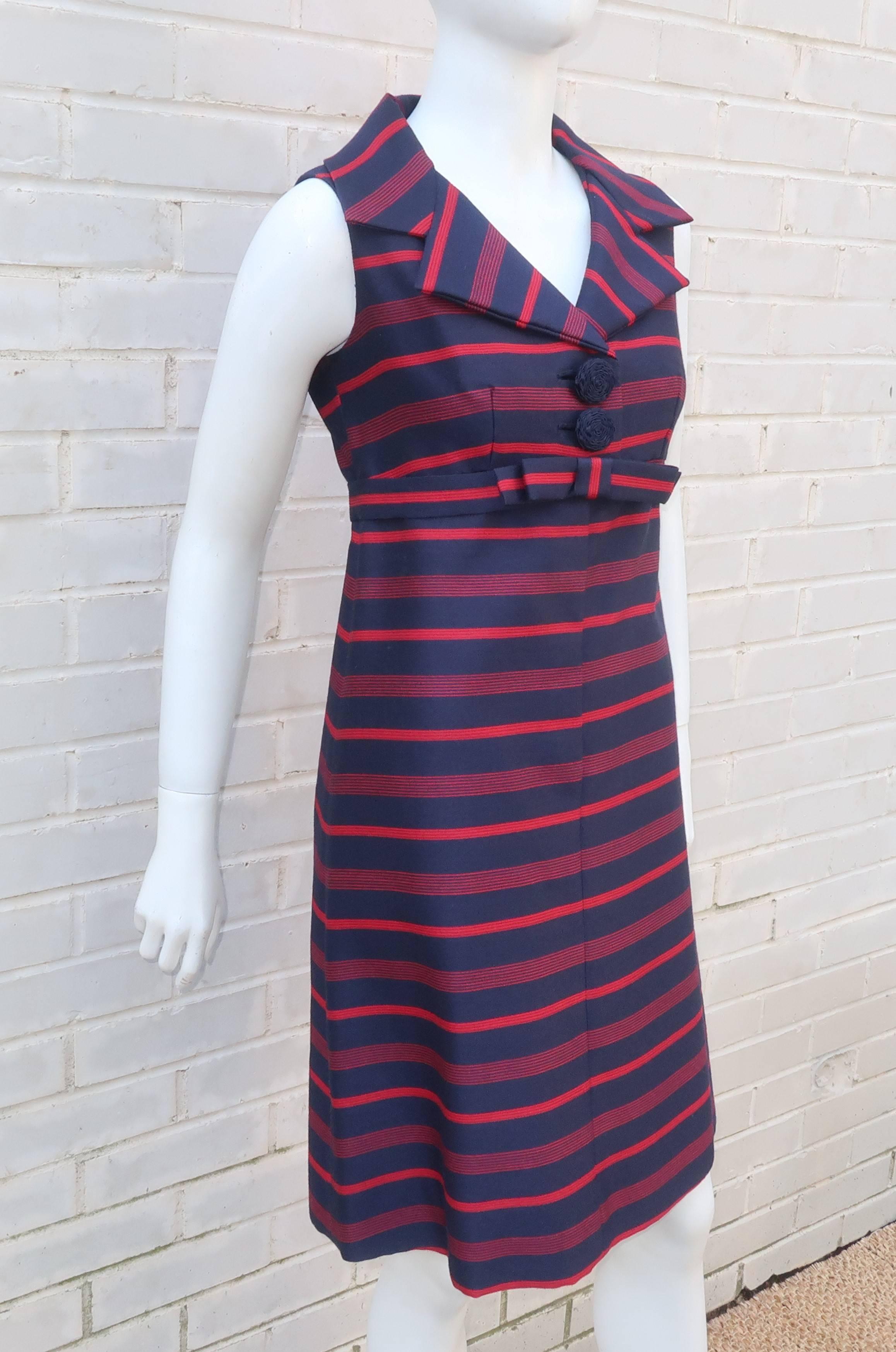 red and blue striped dress