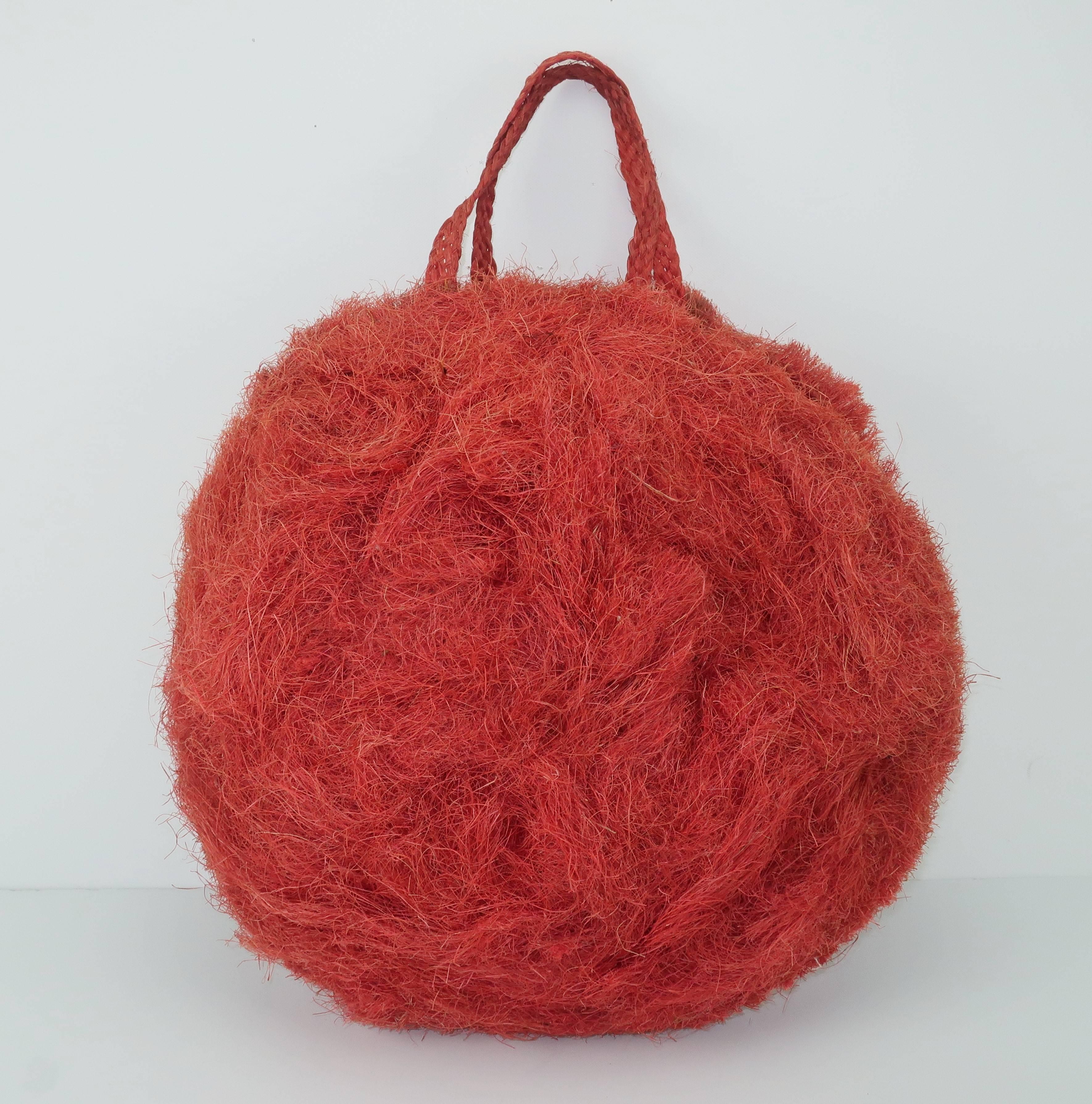 Large 1950's Coconut Straw Novelty Tote Handbag For Sale 1