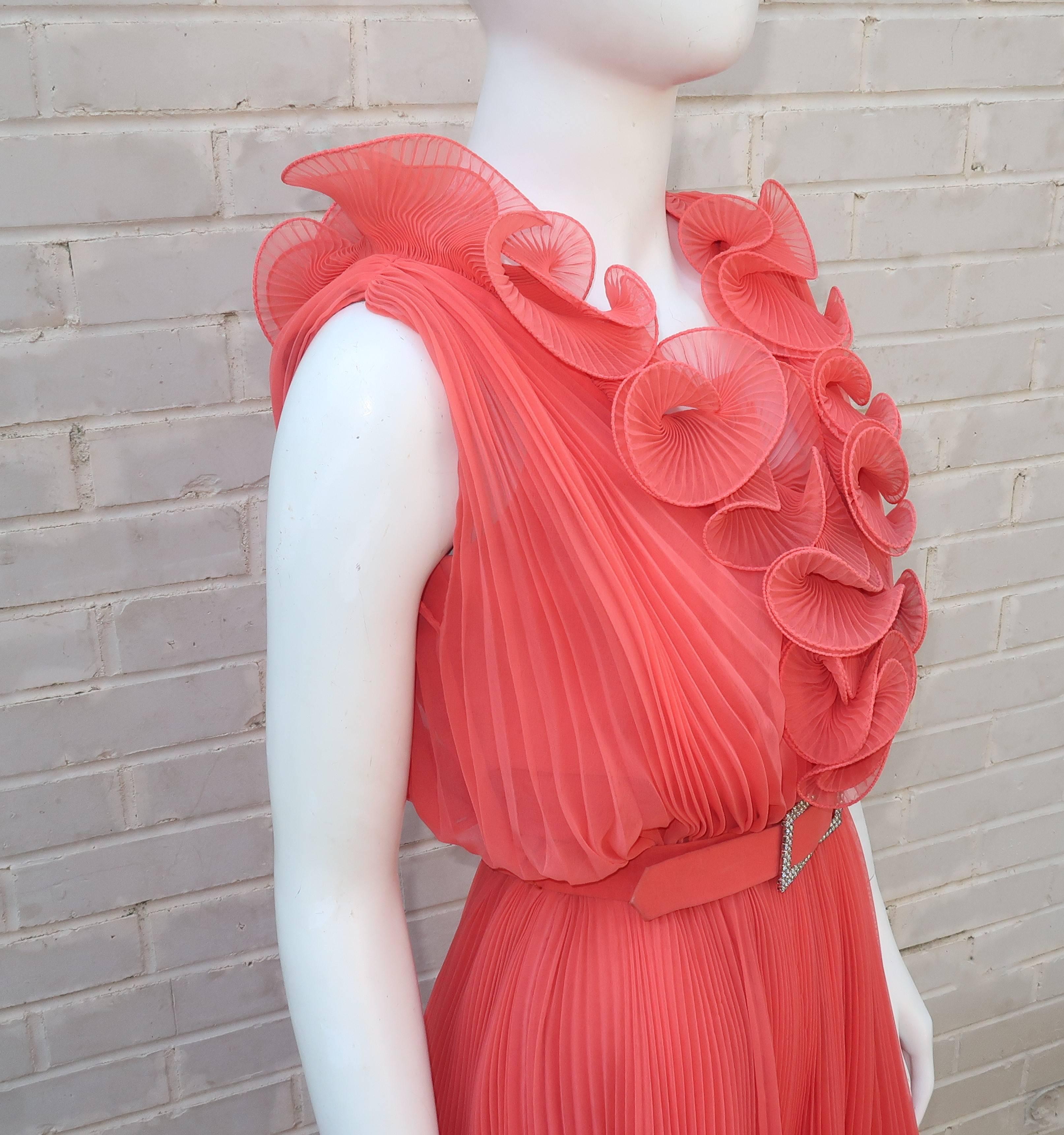 1960's Jack Bryan Coral Micro Pleated Chiffon Cocktail Dress In Good Condition In Atlanta, GA