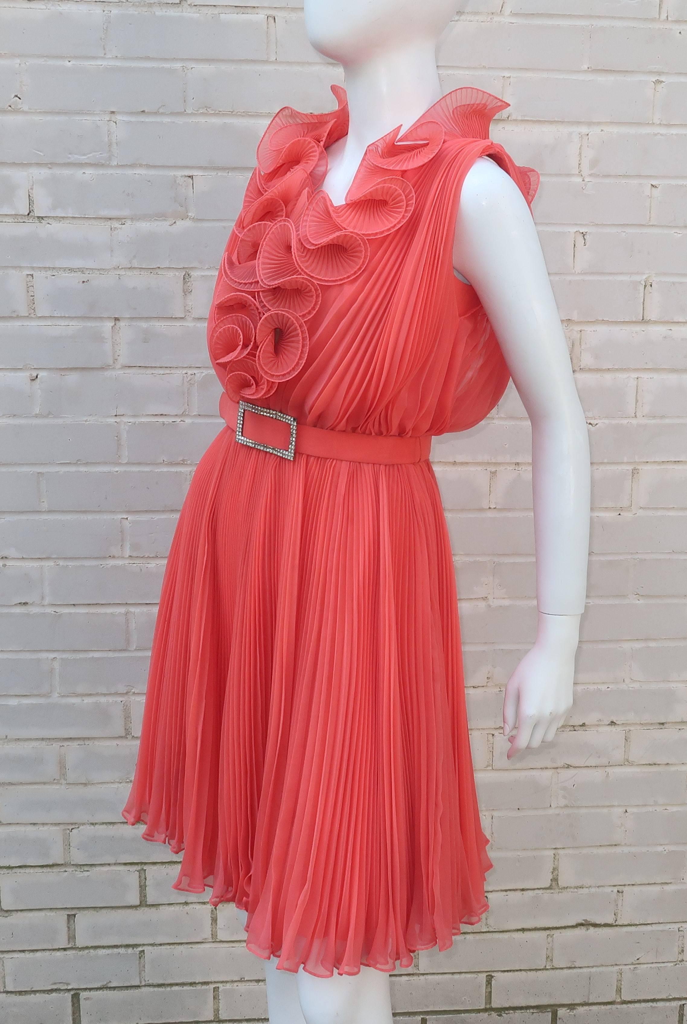 1960's Jack Bryan Coral Micro Pleated Chiffon Cocktail Dress 2