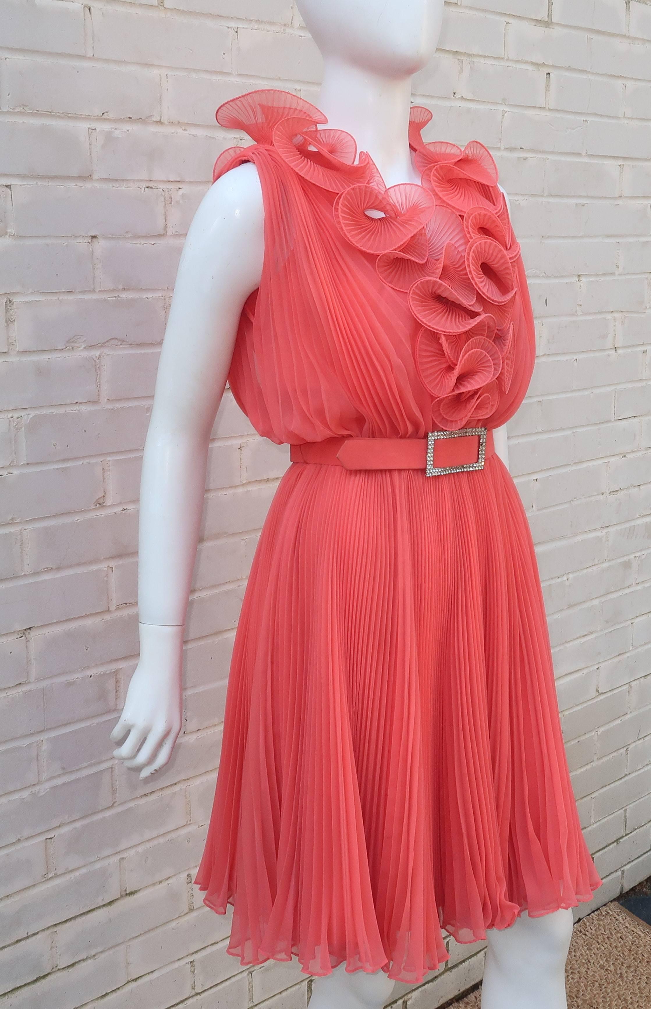 Red 1960's Jack Bryan Coral Micro Pleated Chiffon Cocktail Dress