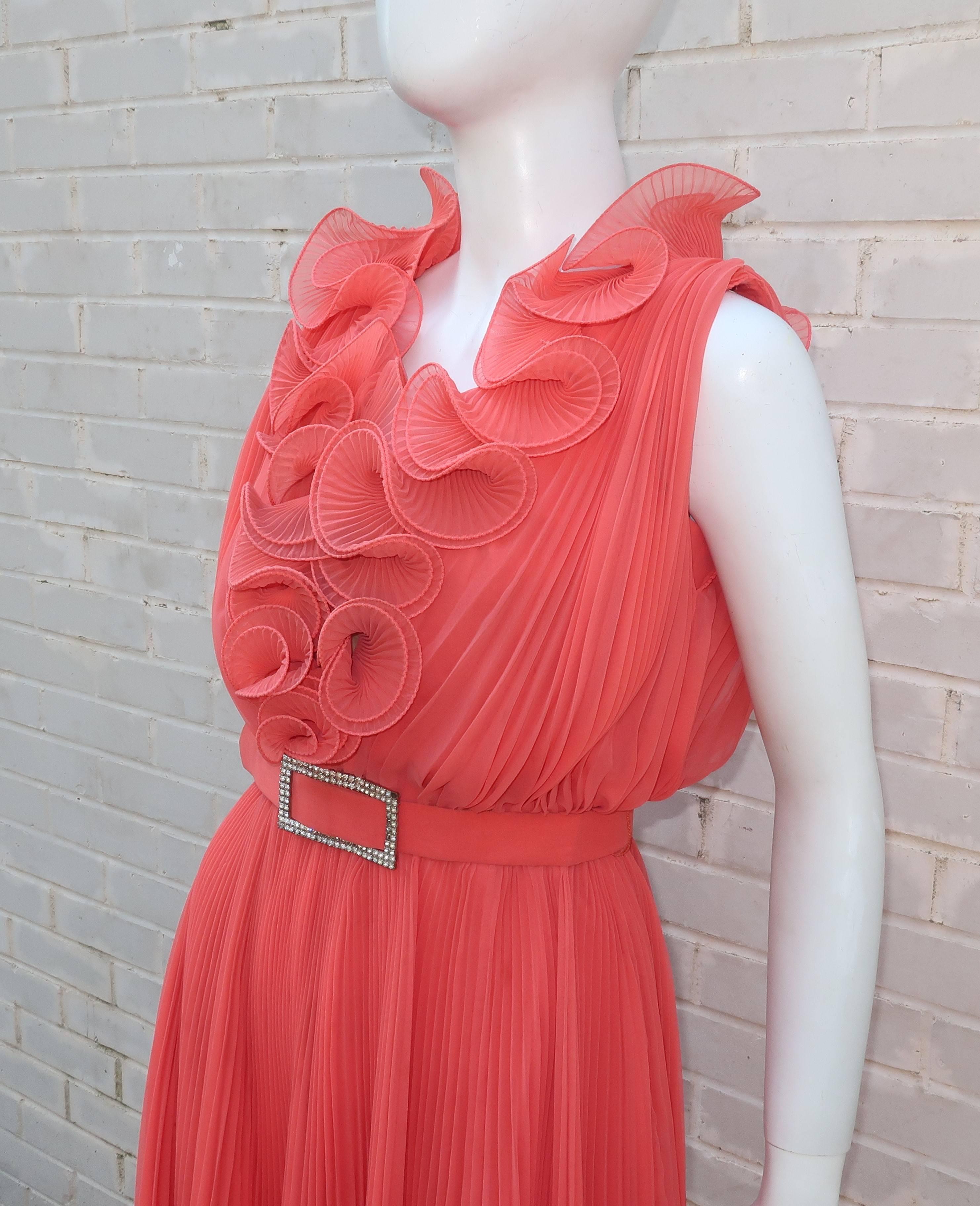 Women's 1960's Jack Bryan Coral Micro Pleated Chiffon Cocktail Dress