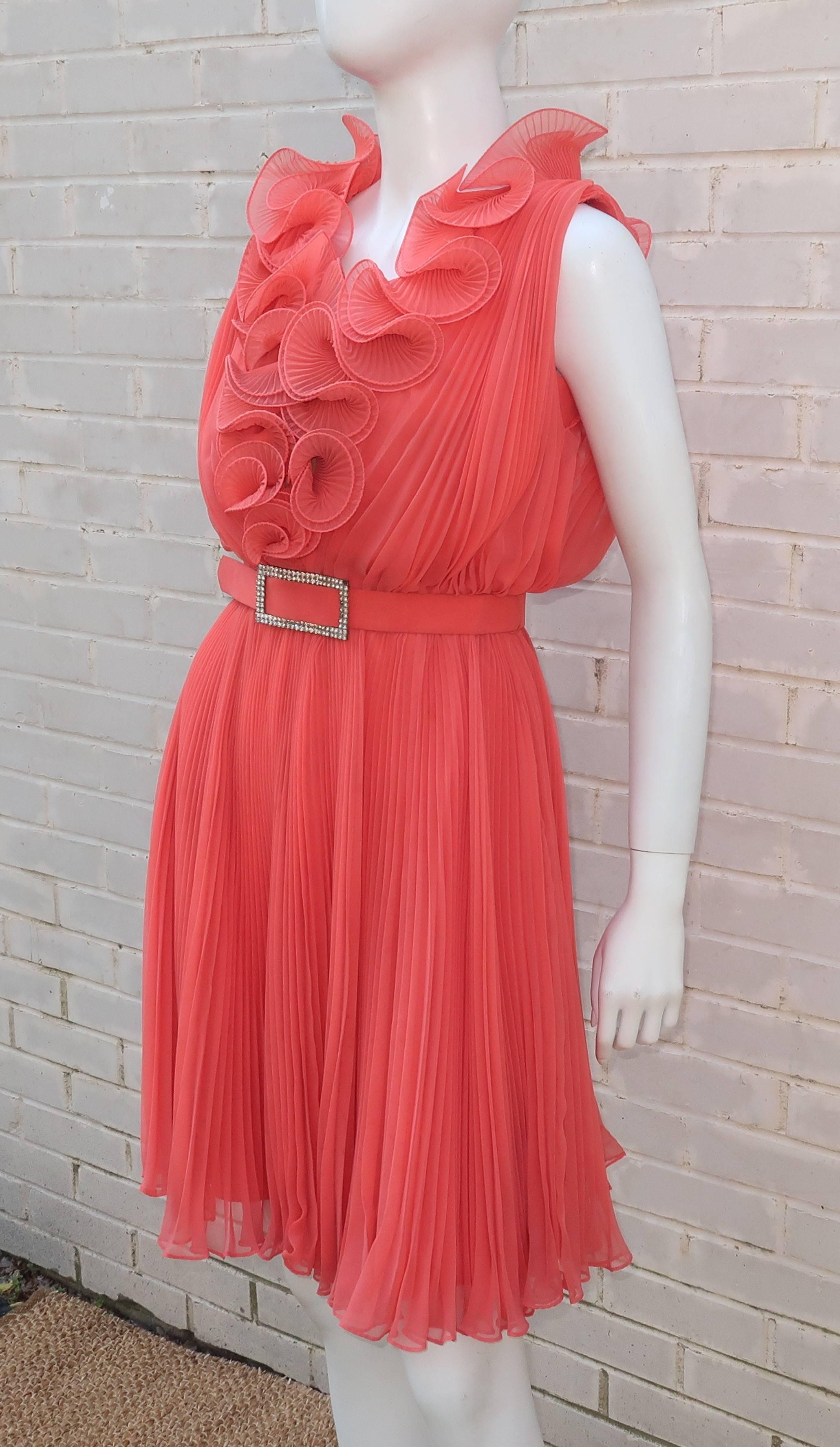 1960's Jack Bryan Coral Micro Pleated Chiffon Cocktail Dress 1