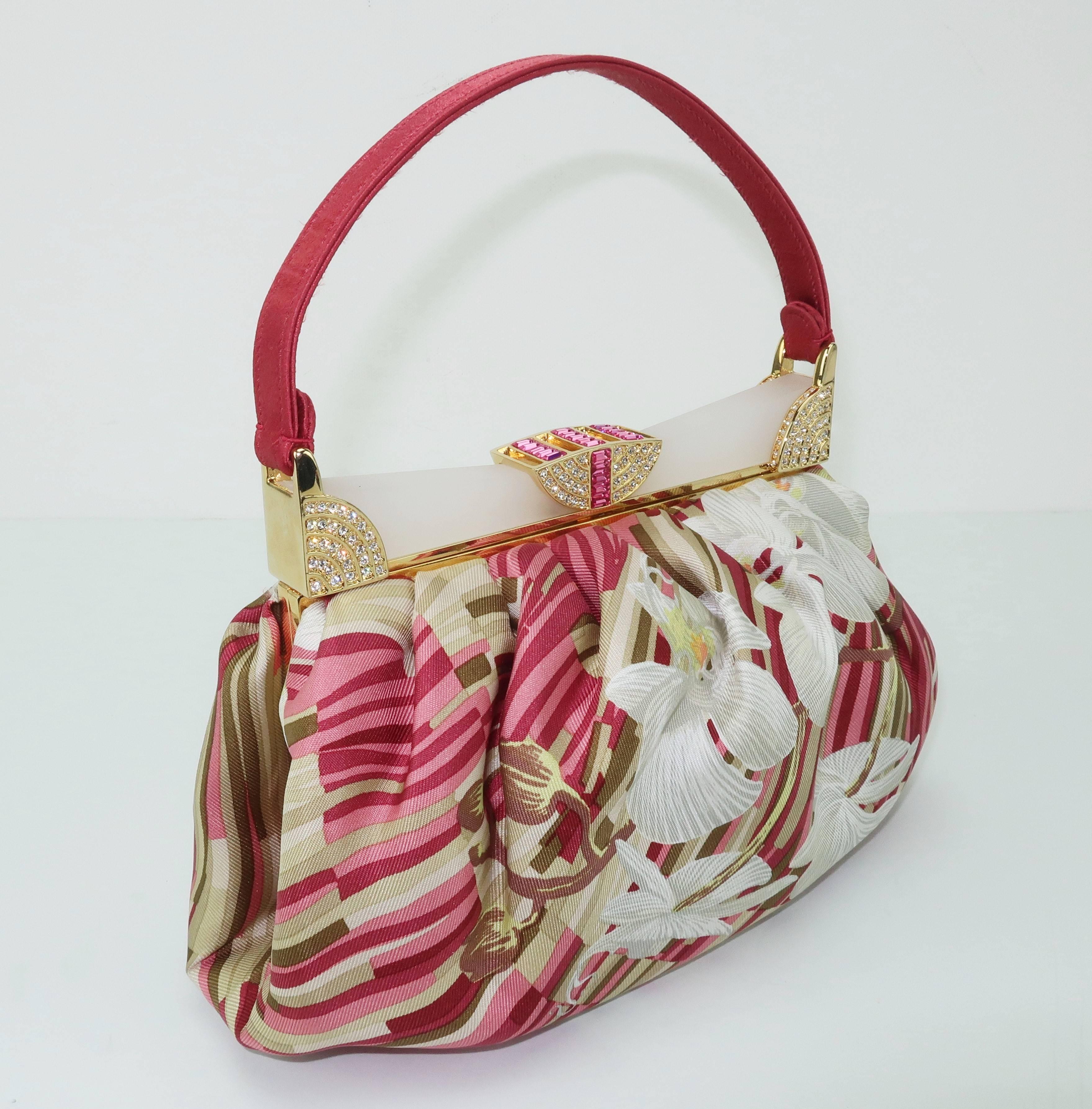 Judith Leiber Tropical Silk Handbag With Art Deco Style Frame In Good Condition In Atlanta, GA