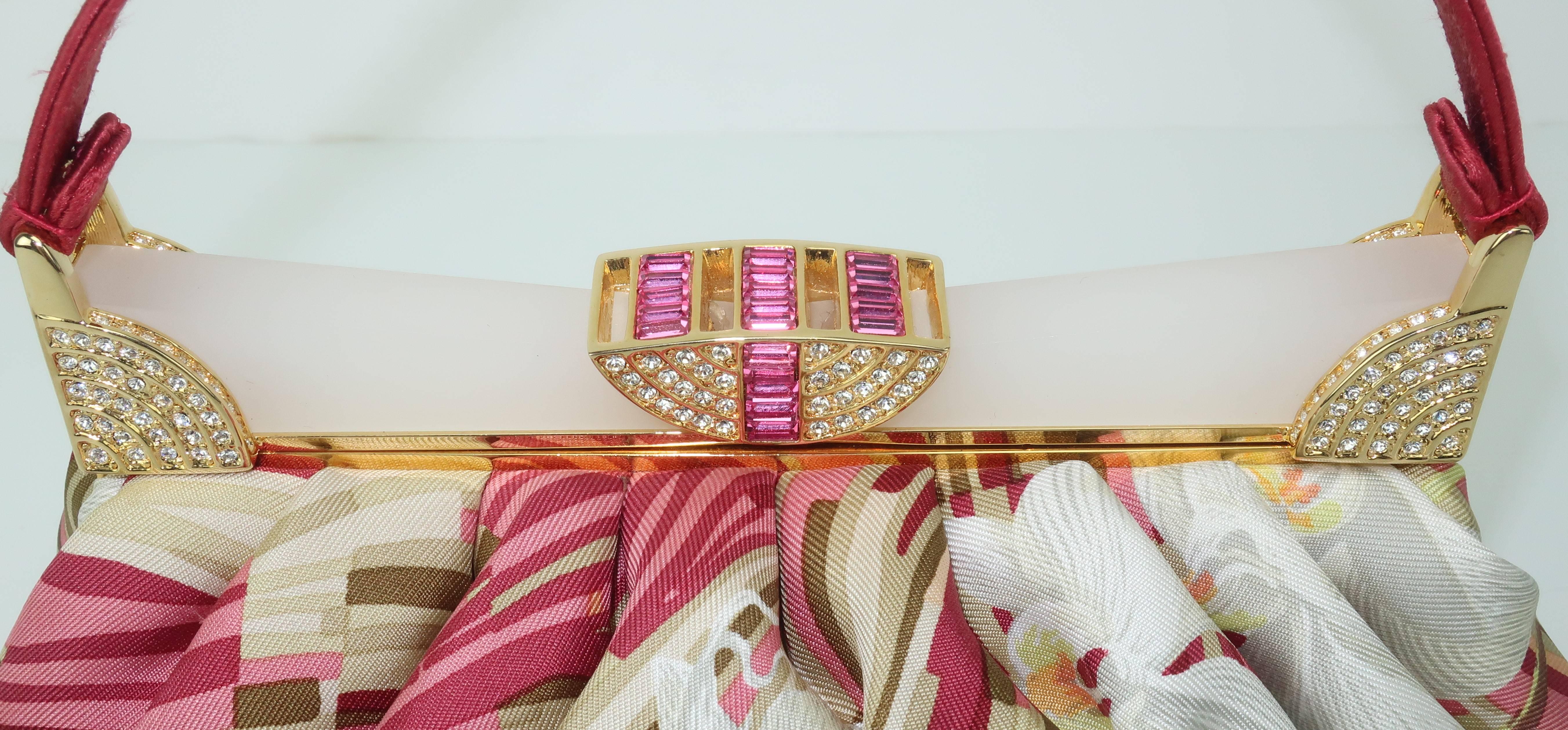 Beige Judith Leiber Tropical Silk Handbag With Art Deco Style Frame