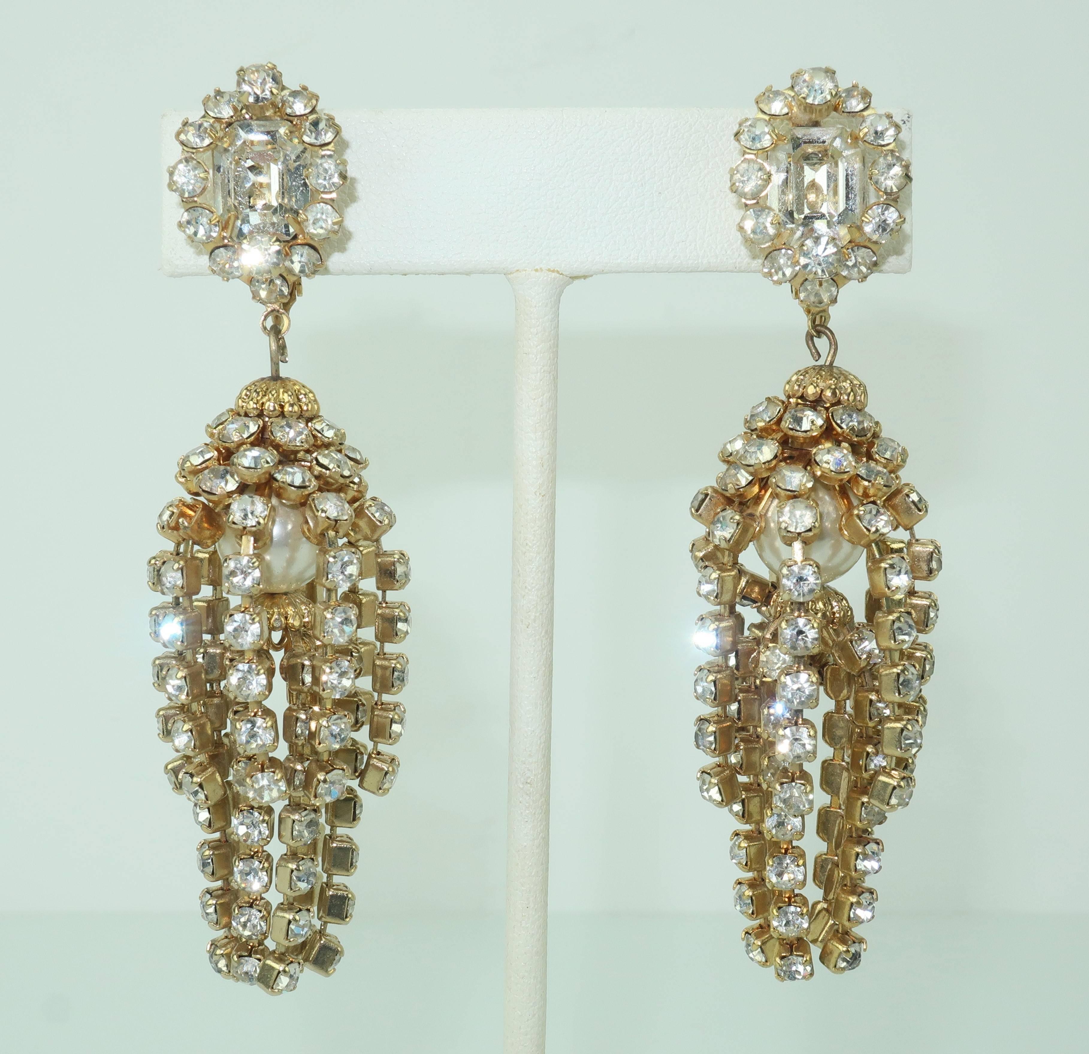 Retro Rhinestone and Faux Pearl Chandelier Earrings, circa 1960