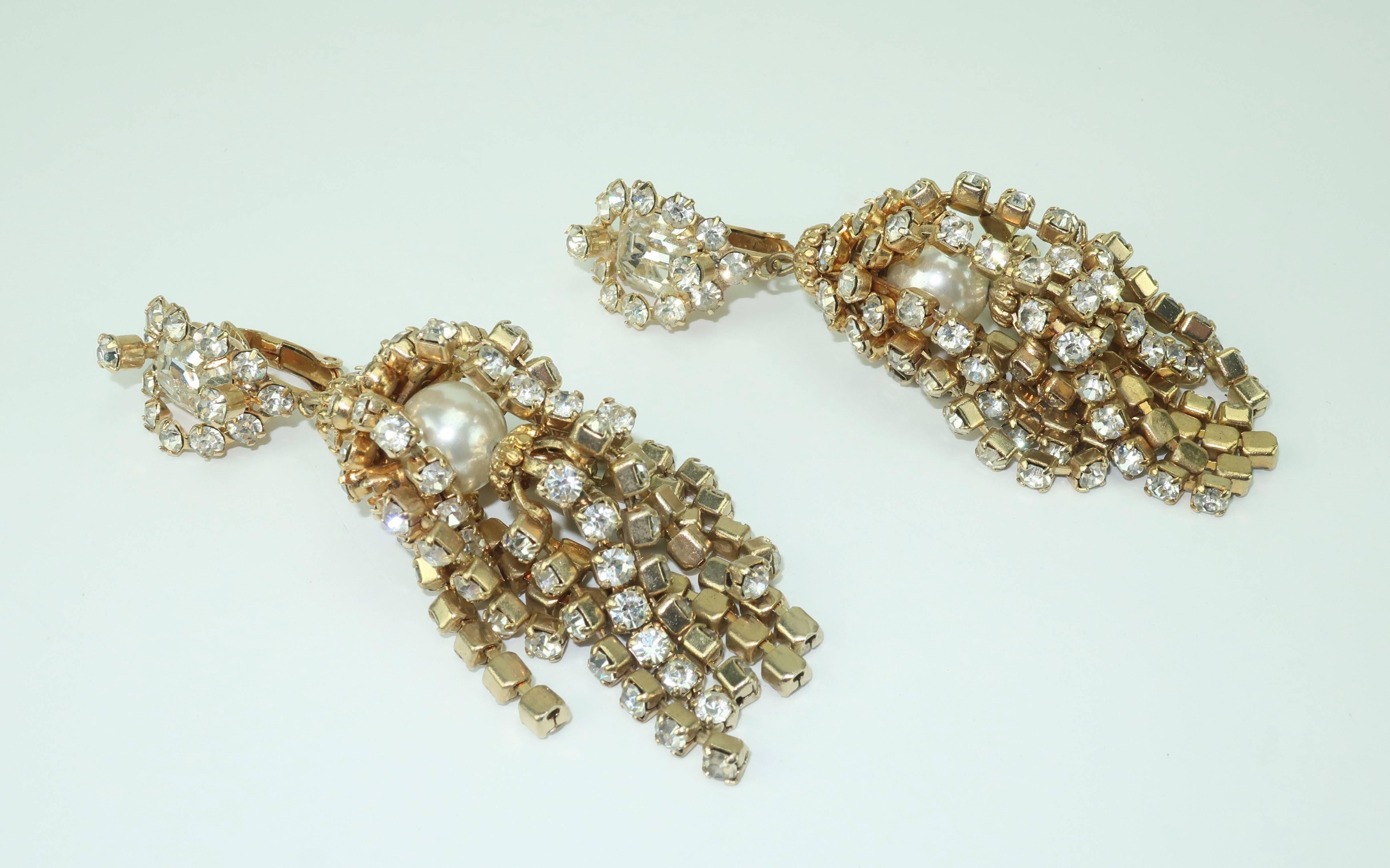 Rhinestone and Faux Pearl Chandelier Earrings, circa 1960 2