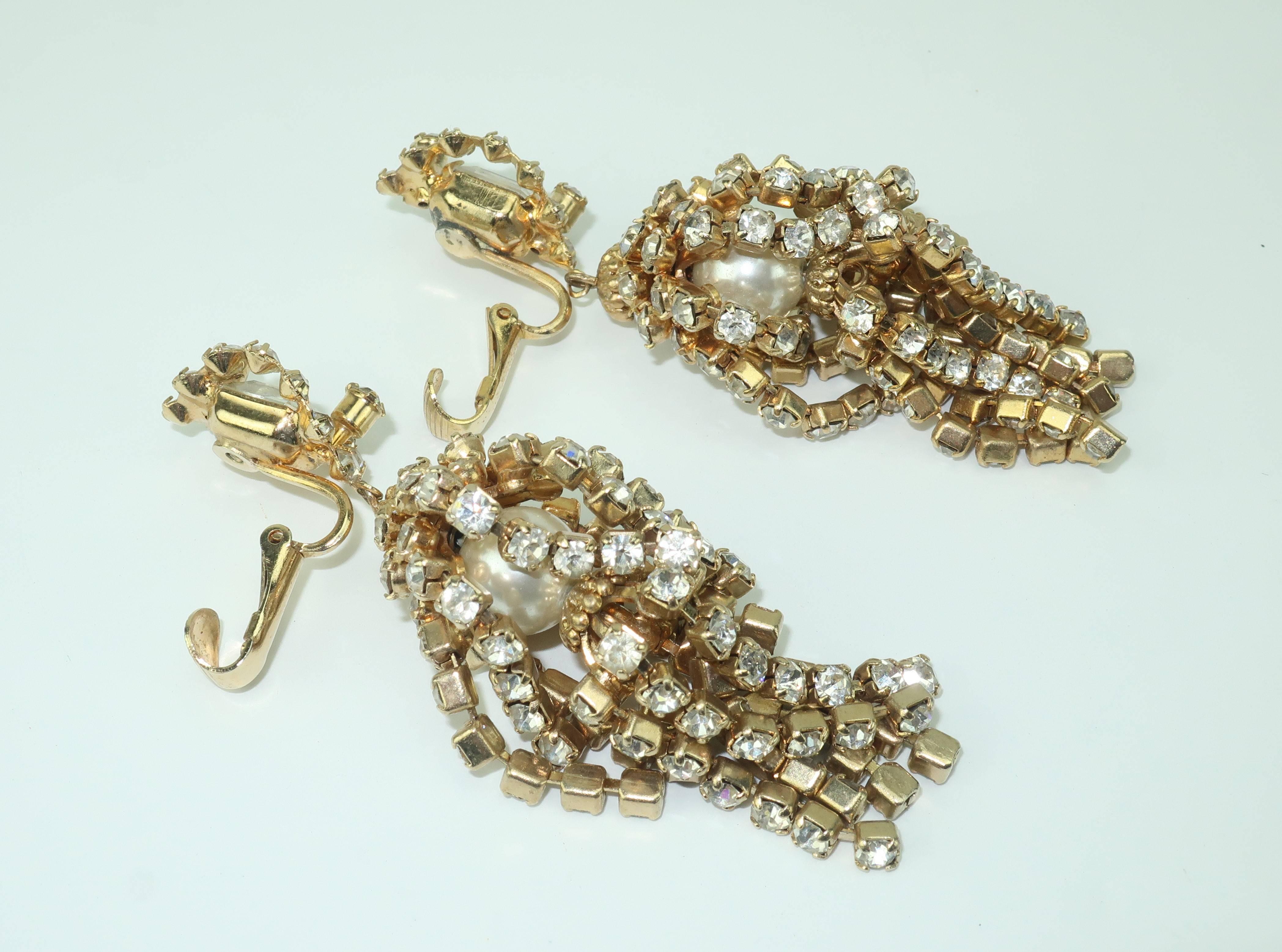 Rhinestone and Faux Pearl Chandelier Earrings, circa 1960 3