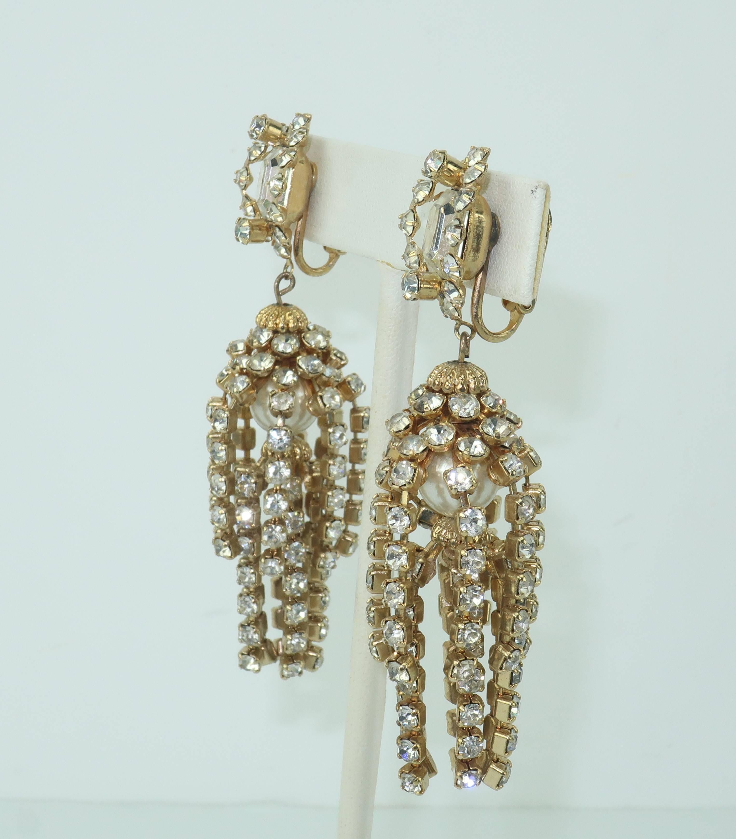 Rhinestone and Faux Pearl Chandelier Earrings, circa 1960 In Good Condition In Atlanta, GA