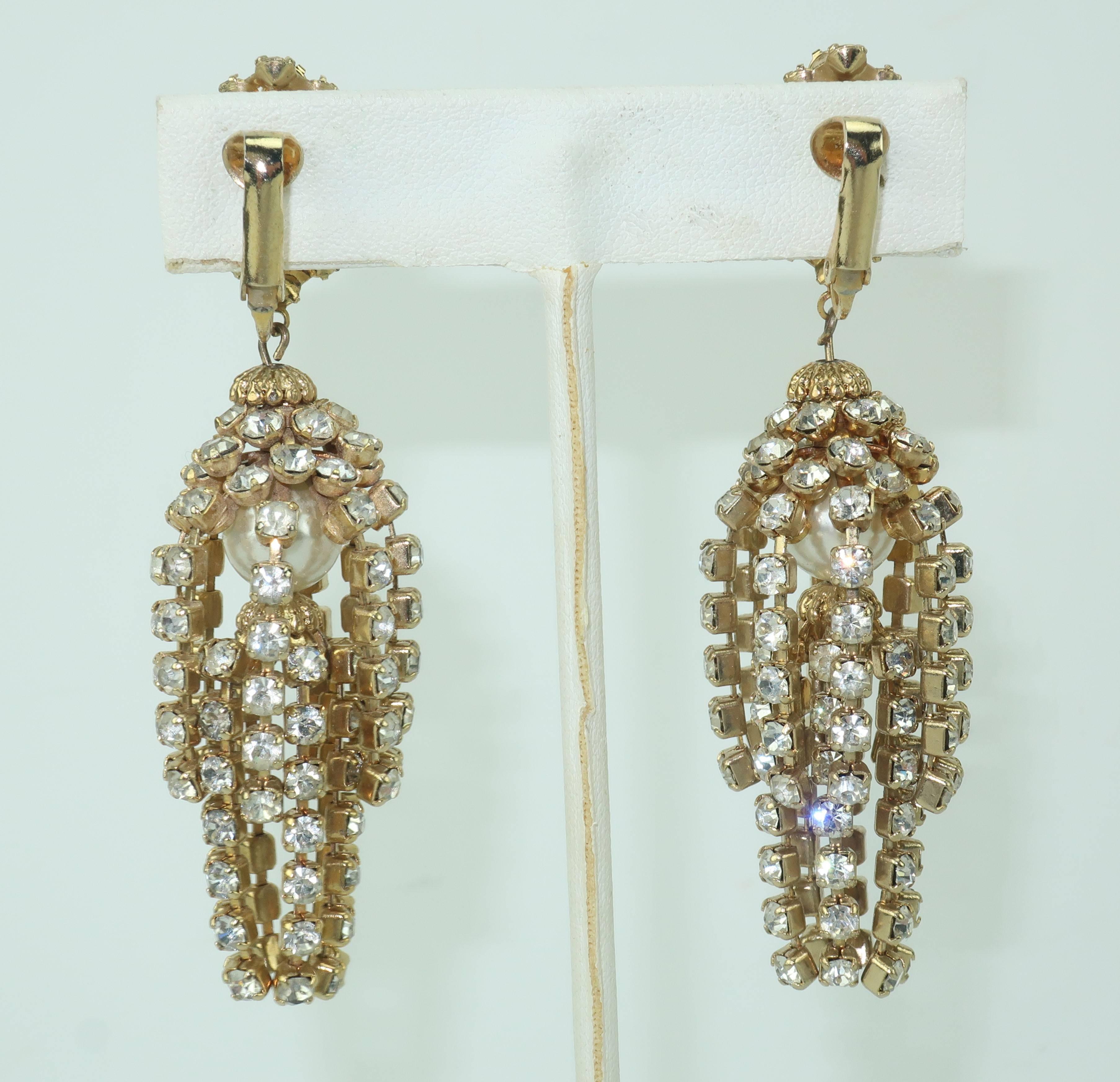 Women's Rhinestone and Faux Pearl Chandelier Earrings, circa 1960