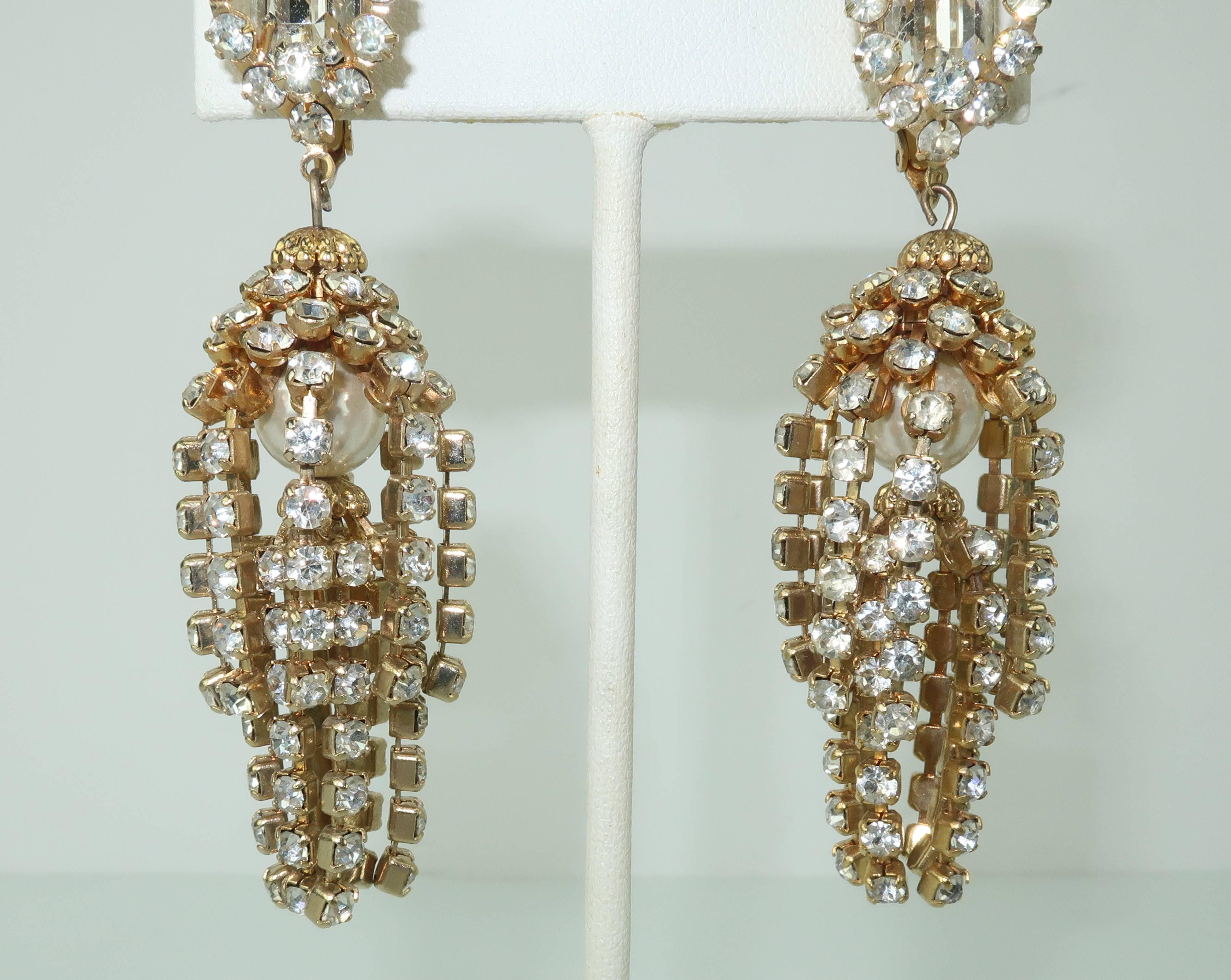 Rhinestone and Faux Pearl Chandelier Earrings, circa 1960 1