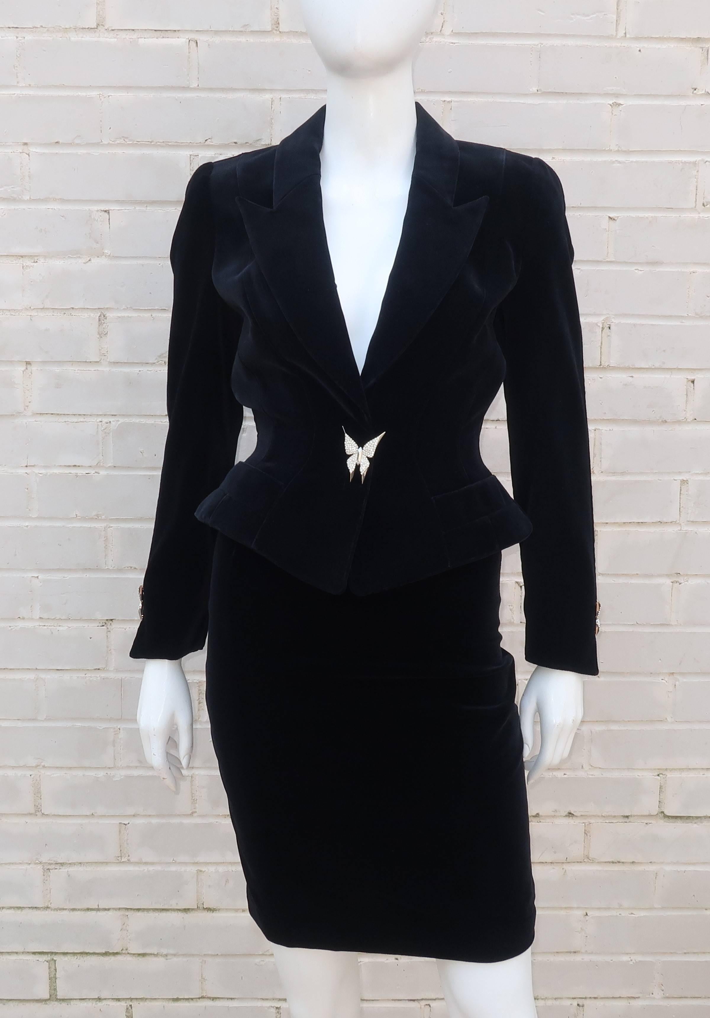 Vintage Thierry Mugler Black Velvet Wasp Waist Suit With Butterfly Buttons In New Condition In Atlanta, GA
