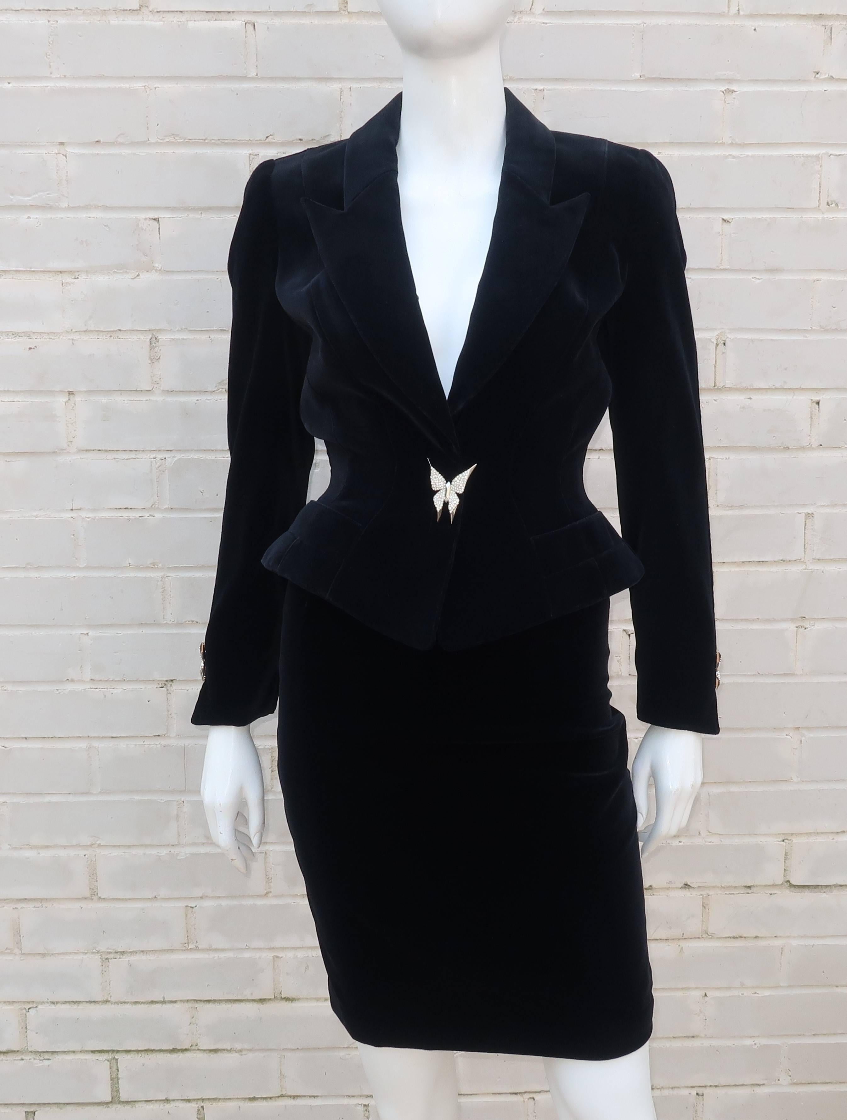 Vintage Thierry Mugler Black Velvet Wasp Waist Suit With Butterfly Buttons 7