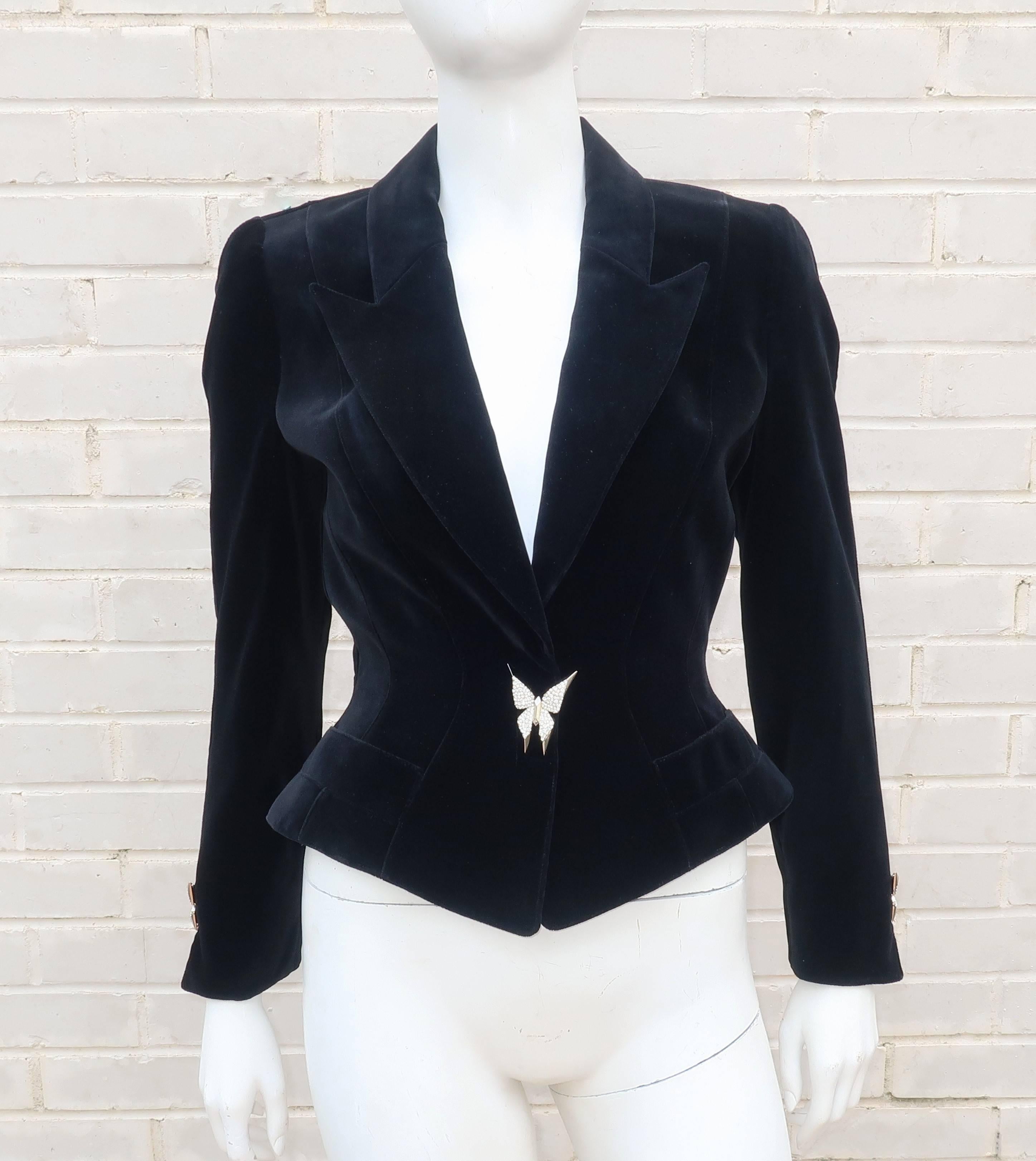 Vintage Thierry Mugler Black Velvet Wasp Waist Suit With Butterfly Buttons 5