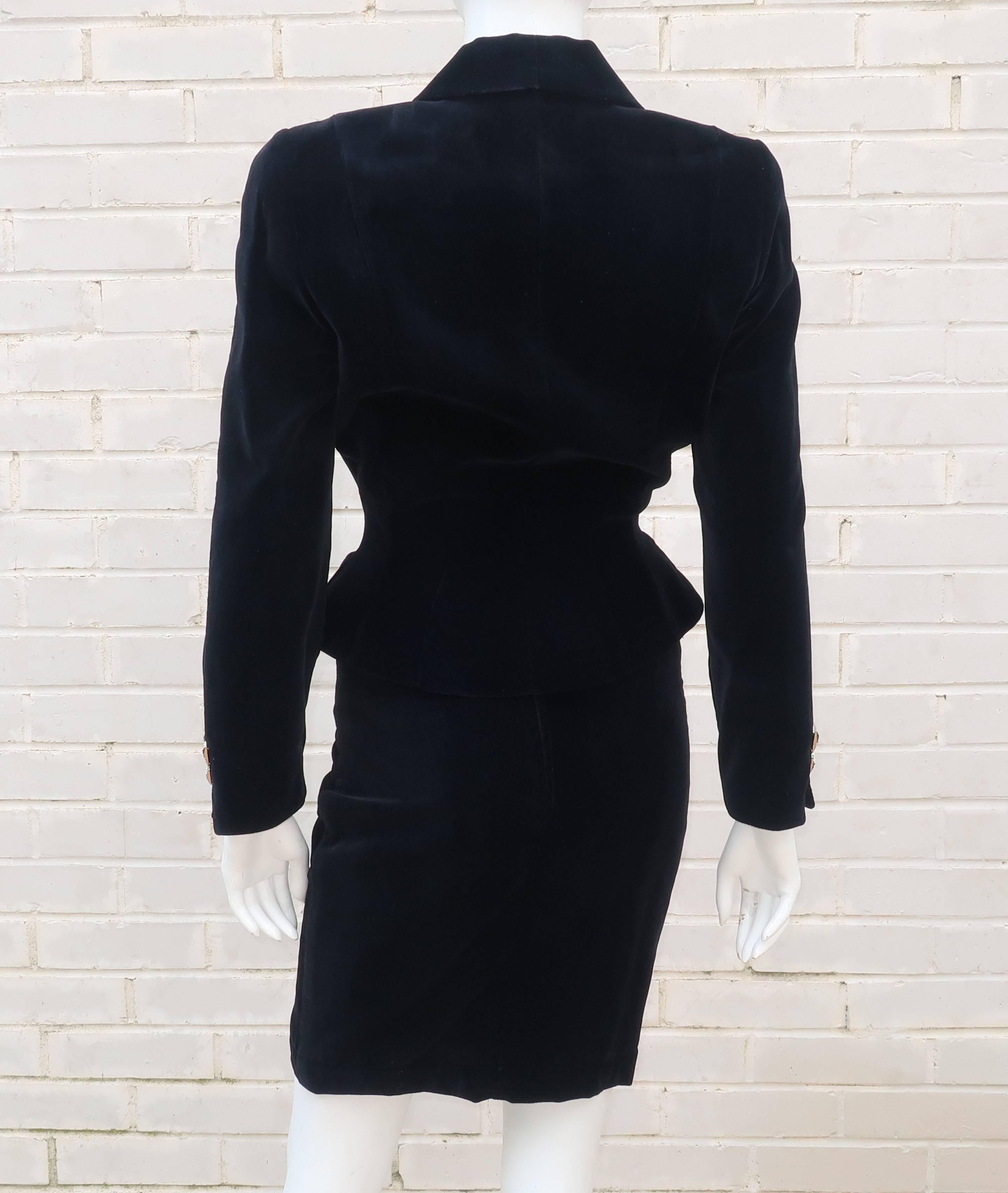 Vintage Thierry Mugler Black Velvet Wasp Waist Suit With Butterfly Buttons 4