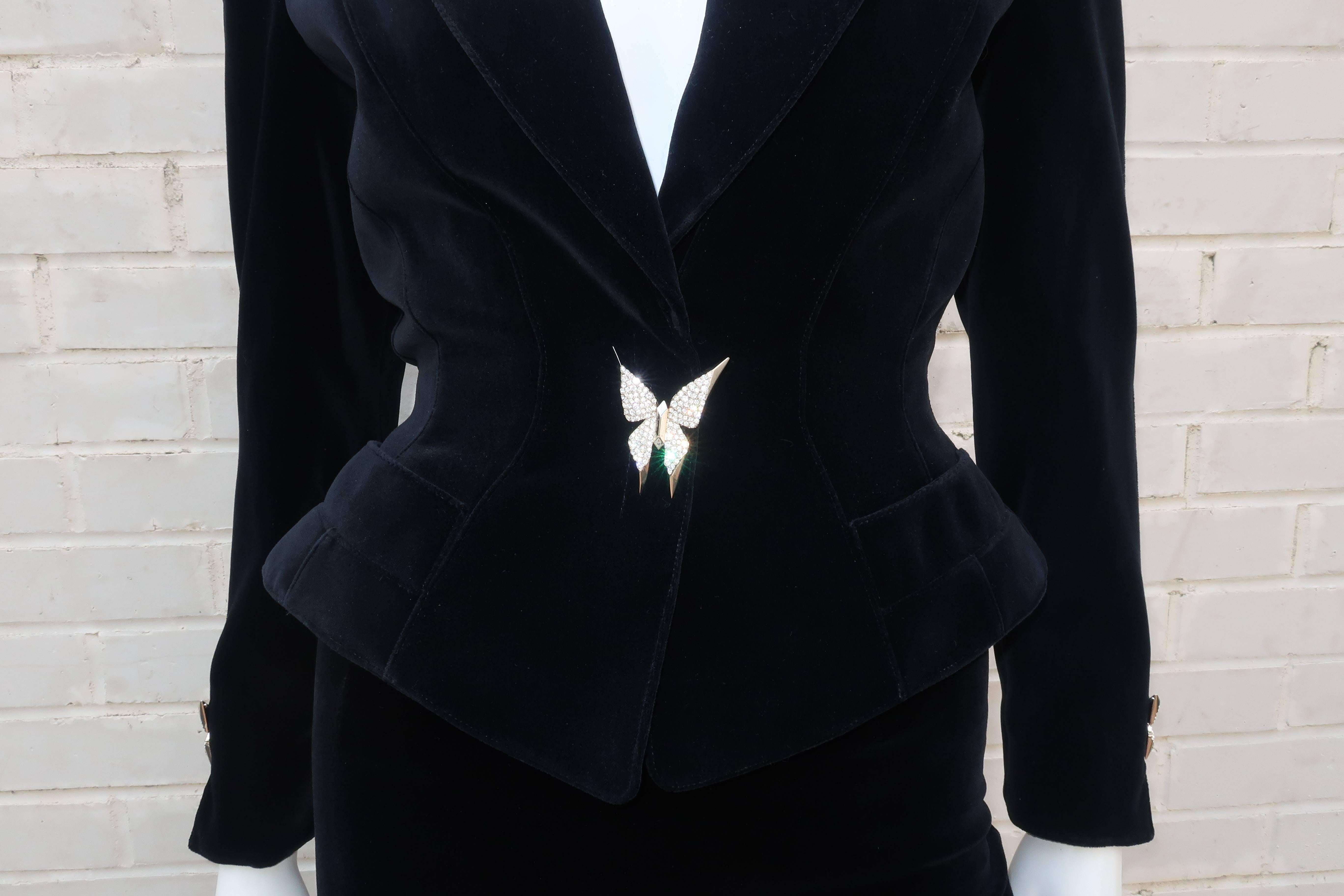 Vintage Thierry Mugler Black Velvet Wasp Waist Suit With Butterfly Buttons 1