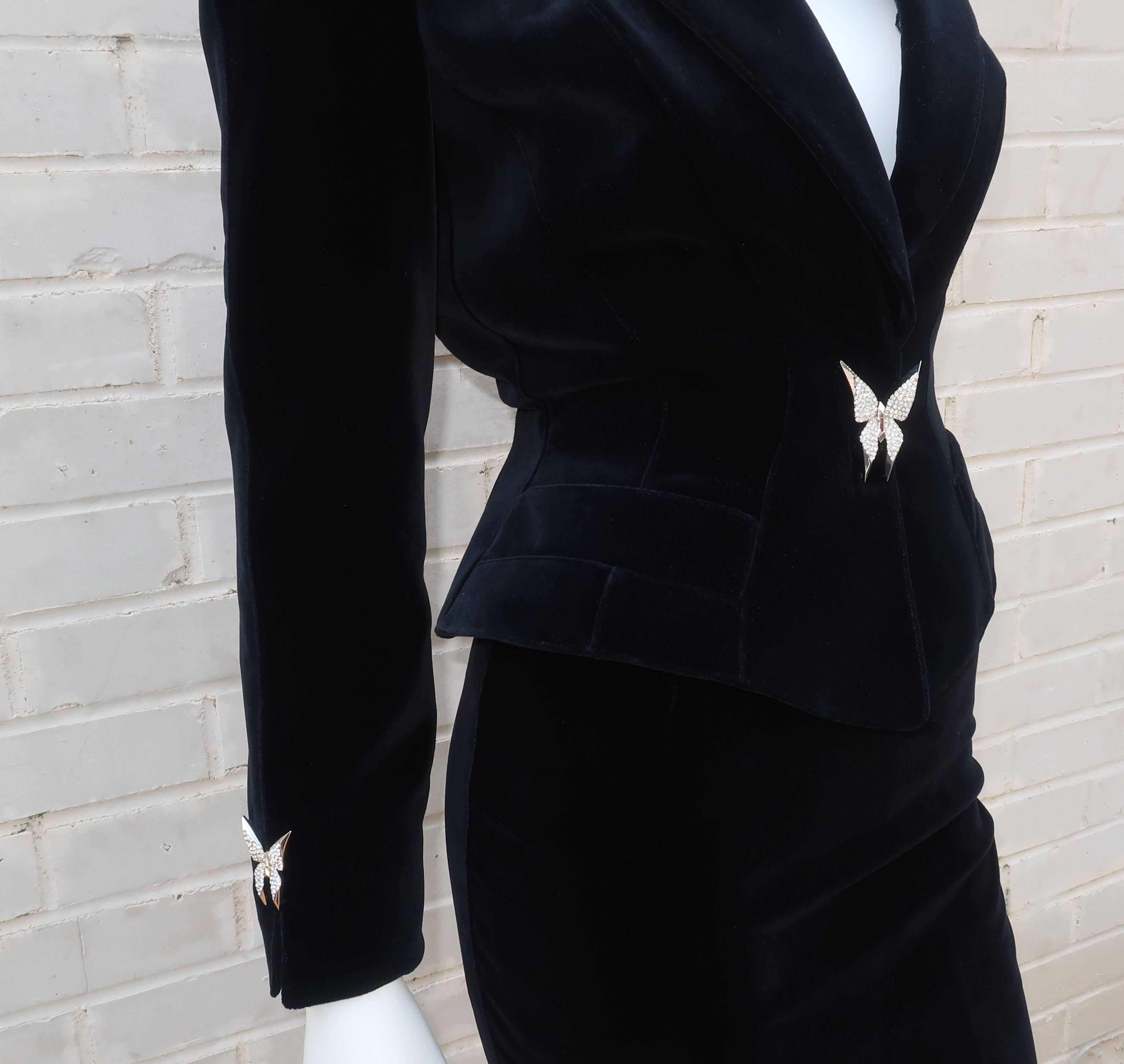 Vintage Thierry Mugler Black Velvet Wasp Waist Suit With Butterfly Buttons 3