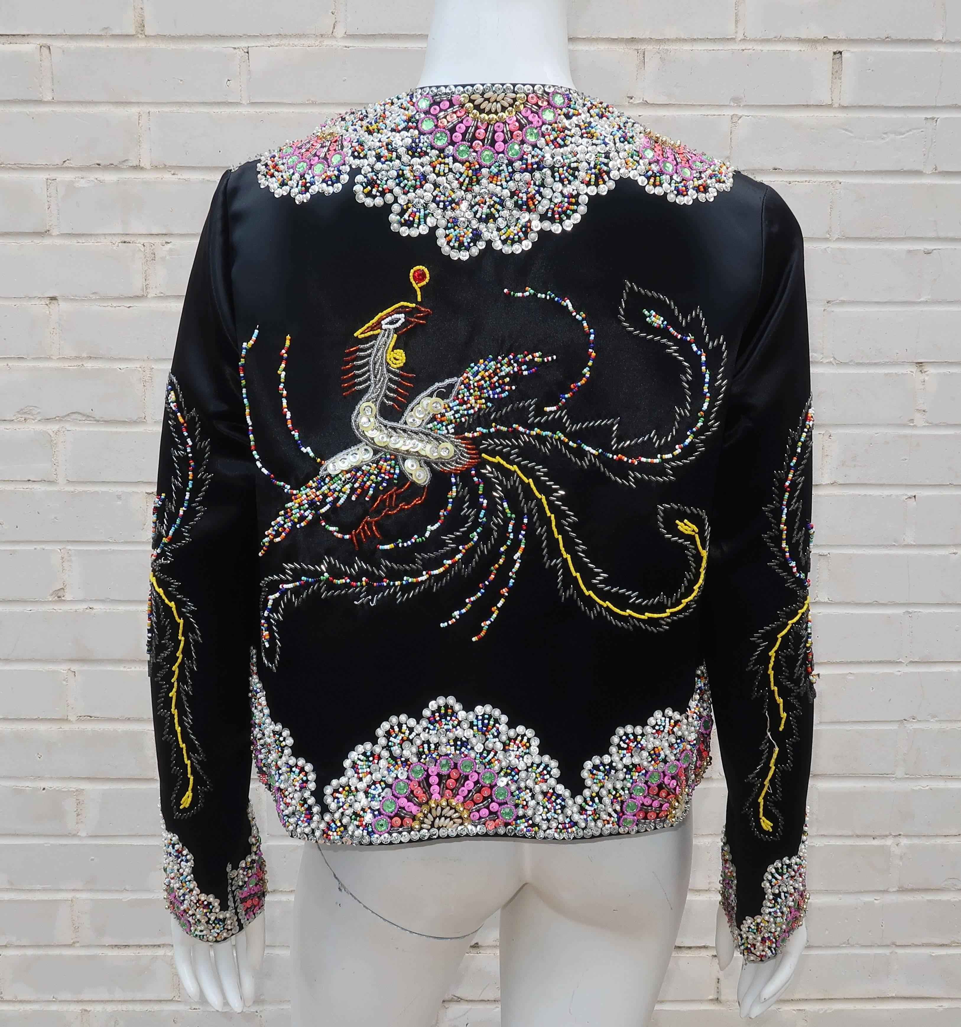 C.1960 Dynasty Colorful Beaded Black Satin Evening Jacket With Bird Motif In Good Condition In Atlanta, GA