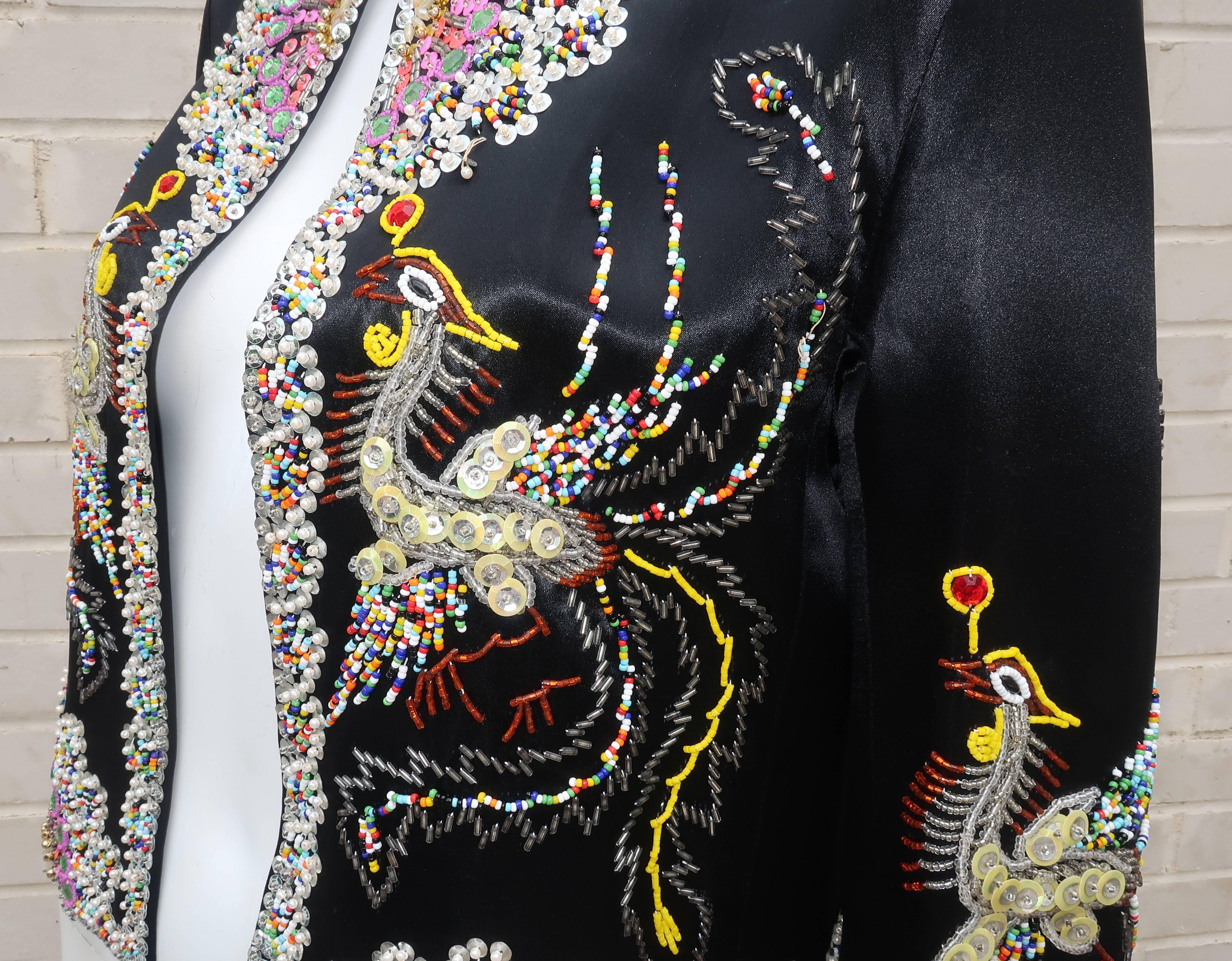 C.1960 Dynasty Colorful Beaded Black Satin Evening Jacket With Bird Motif 4