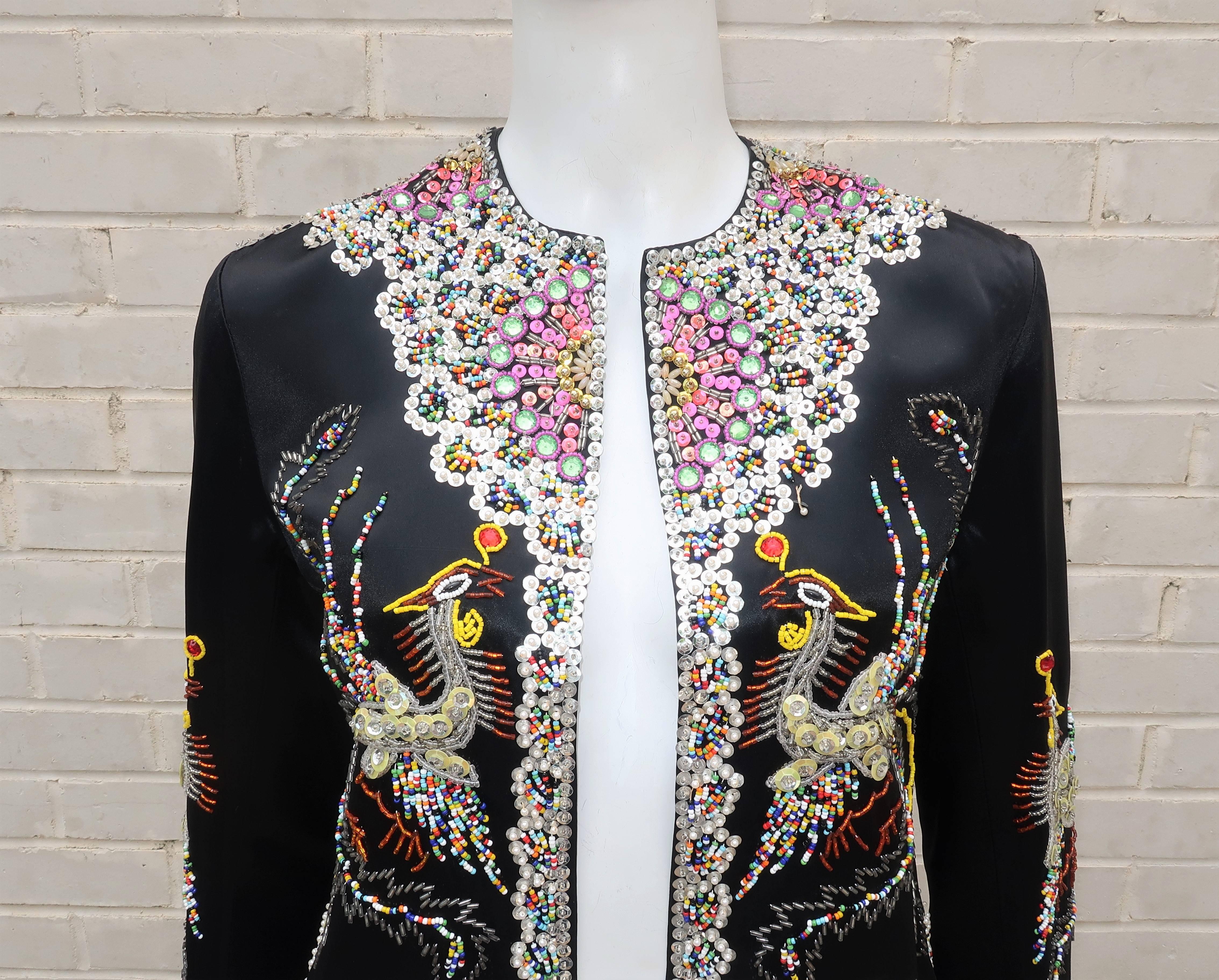 Women's C.1960 Dynasty Colorful Beaded Black Satin Evening Jacket With Bird Motif